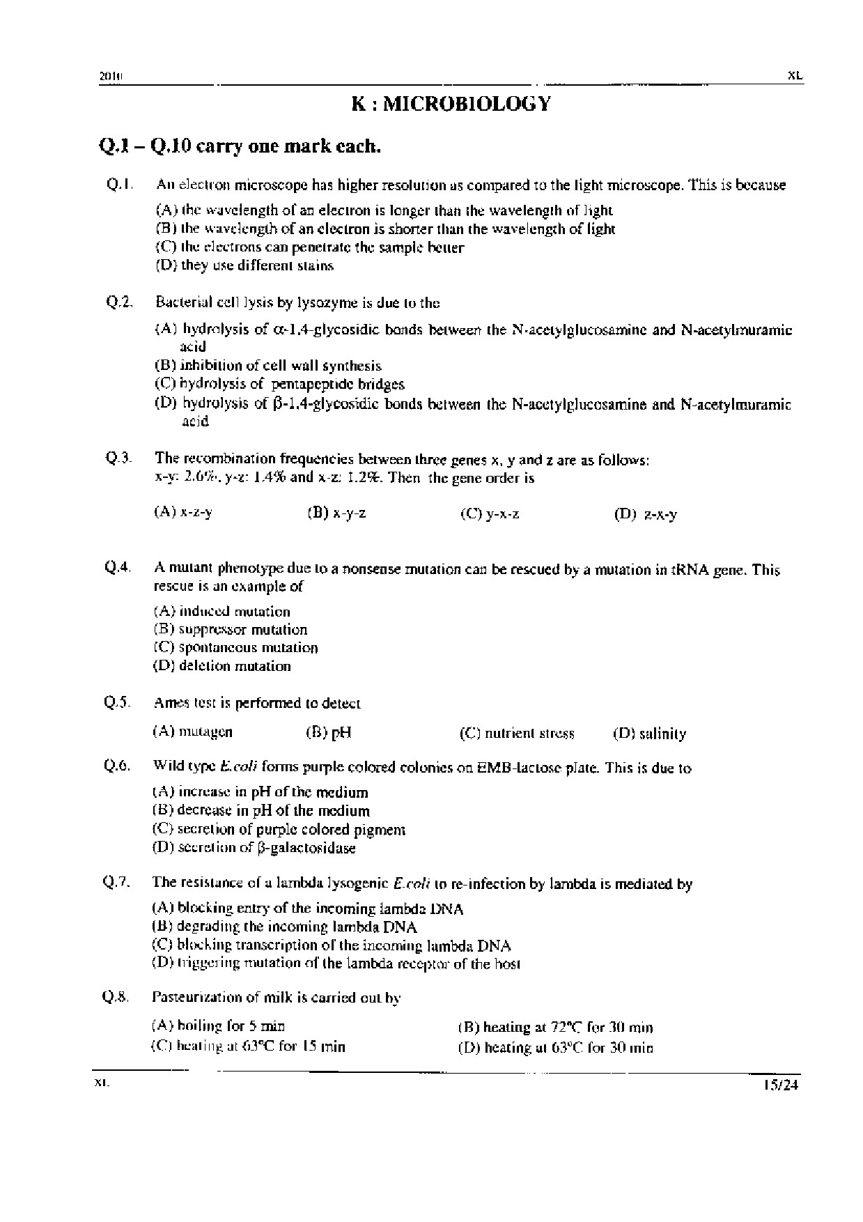 GATE Exam Question Paper 2010 Life Sciences 15