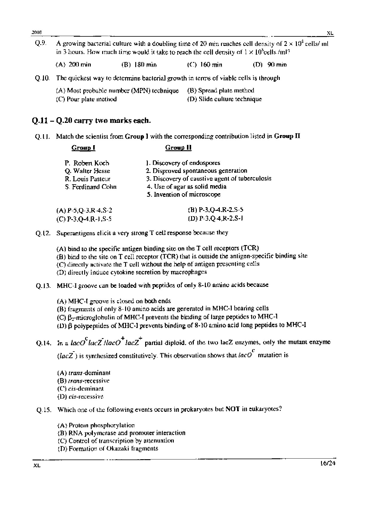 GATE Exam Question Paper 2010 Life Sciences 16