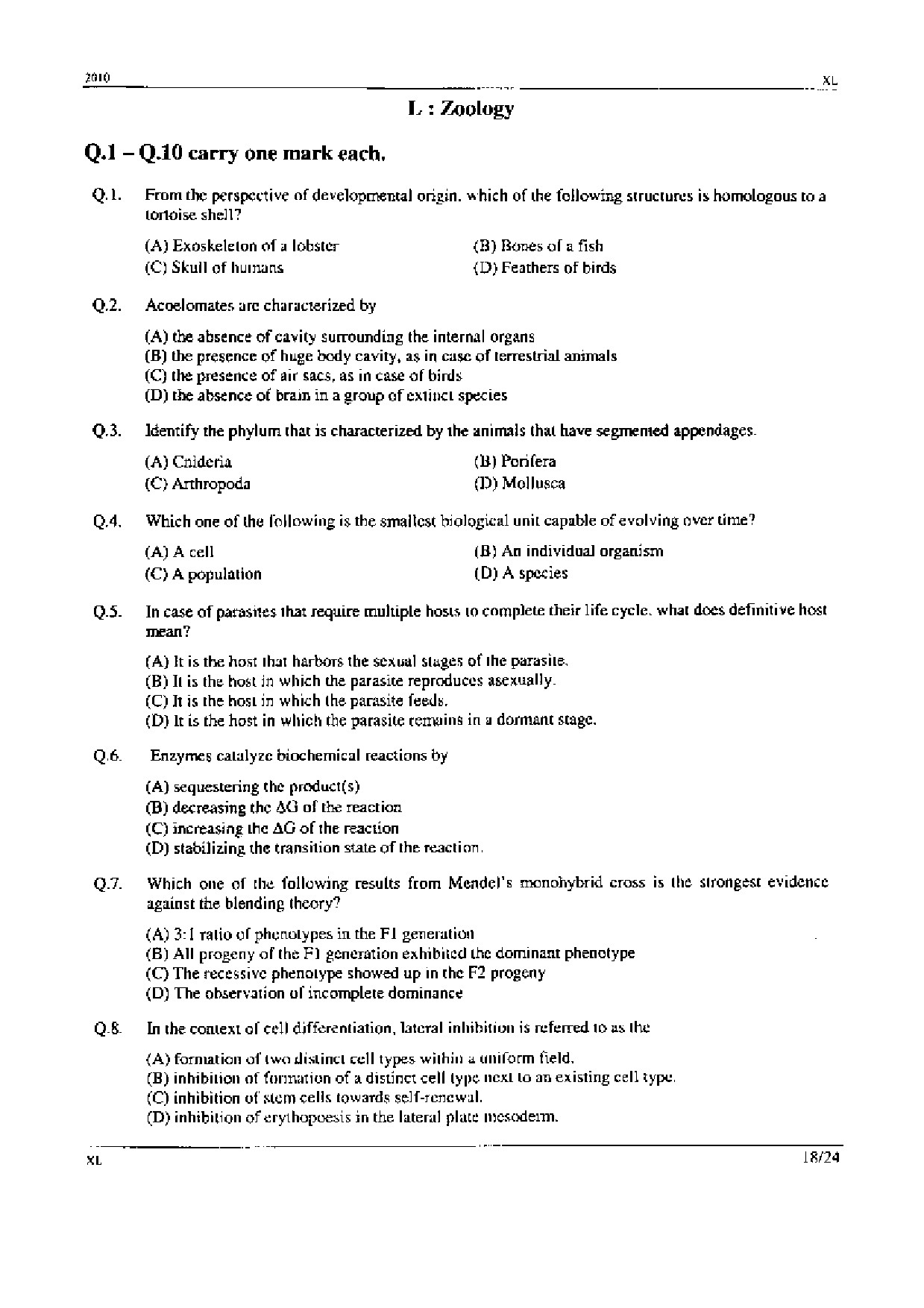 GATE Exam Question Paper 2010 Life Sciences 18