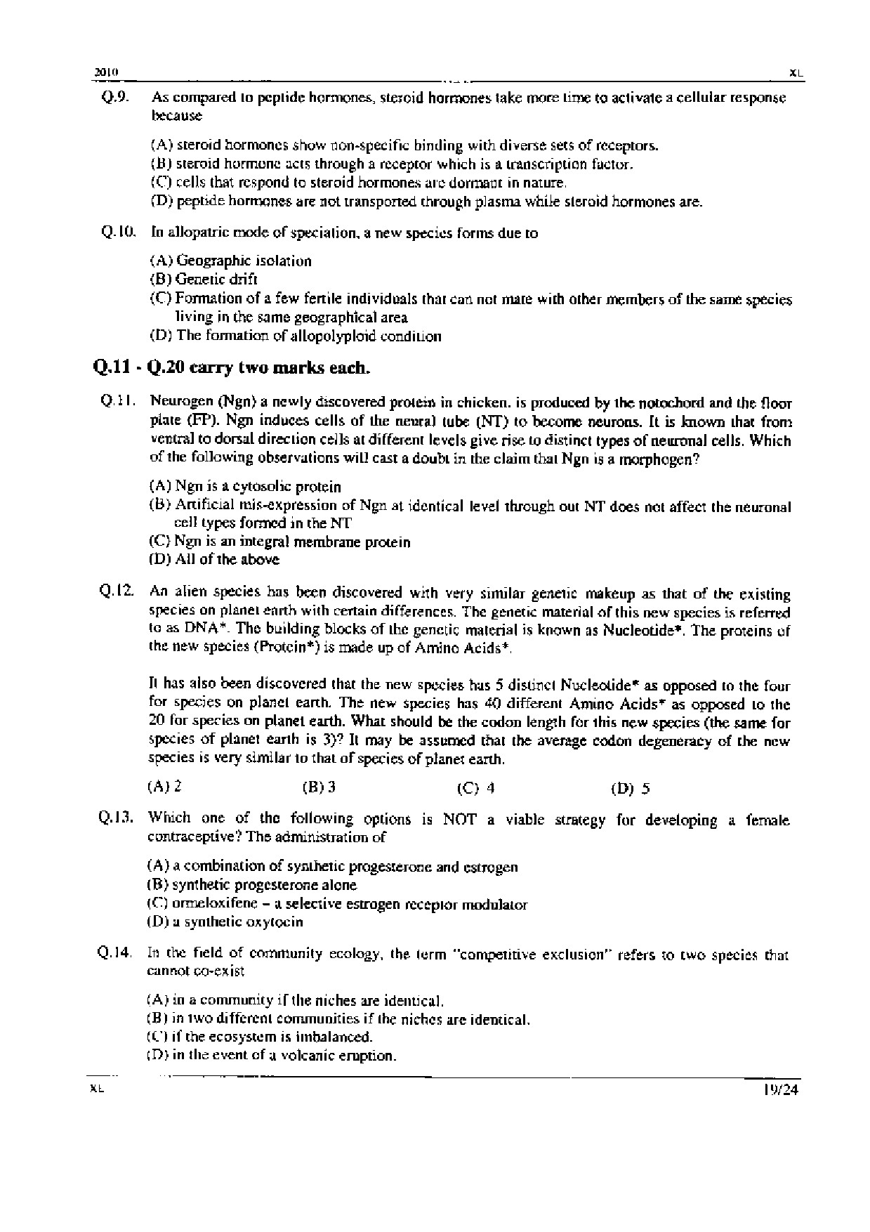 GATE Exam Question Paper 2010 Life Sciences 19