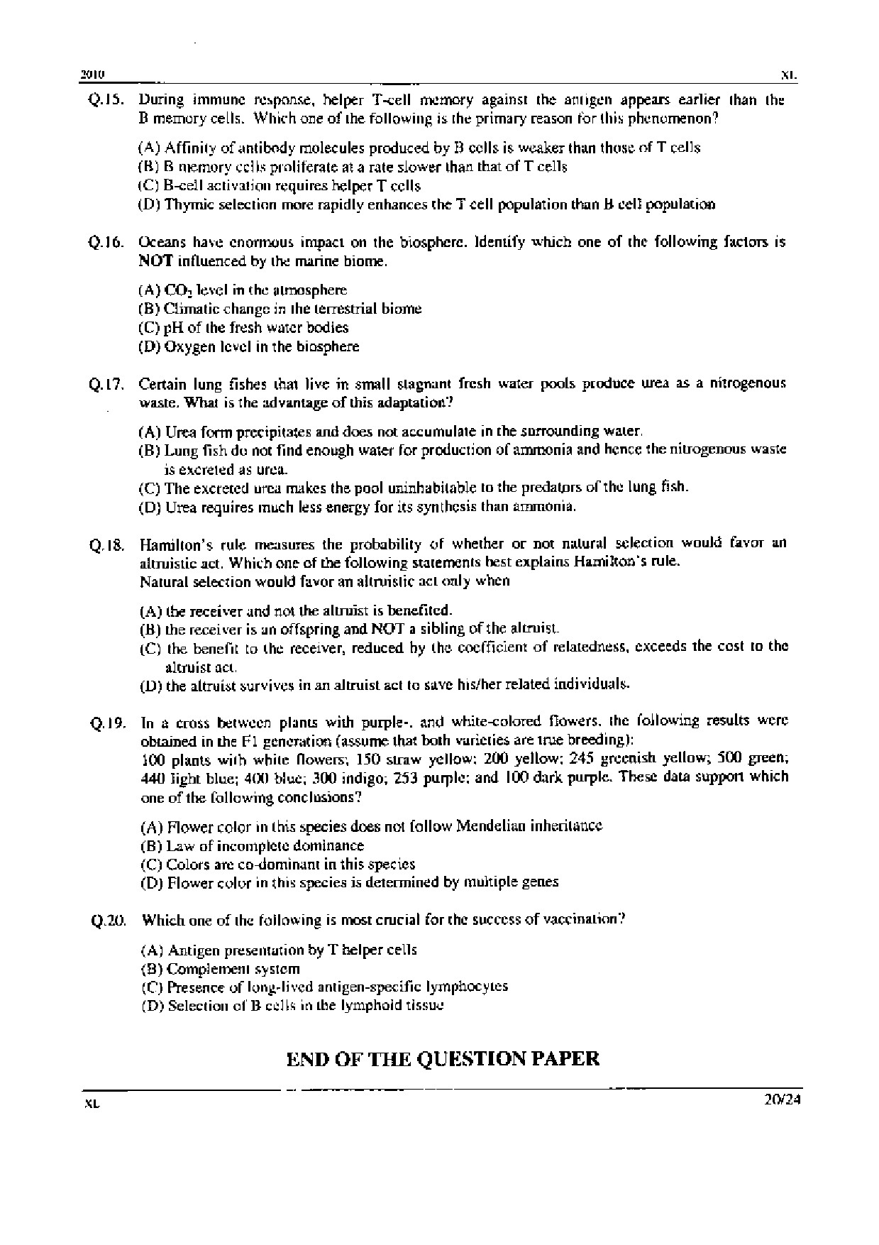 GATE Exam Question Paper 2010 Life Sciences 20