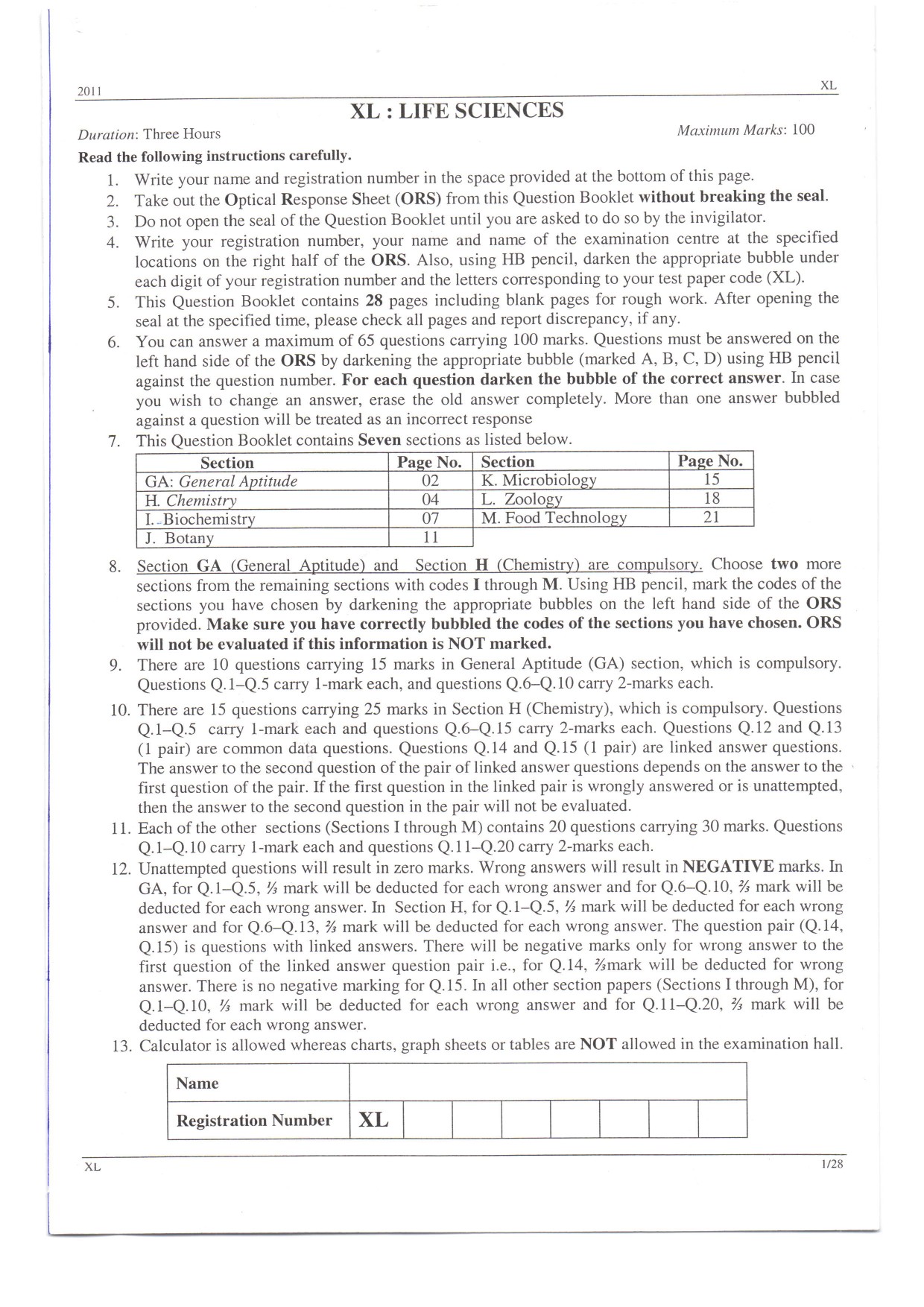 GATE Exam Question Paper 2011 Life Sciences 1