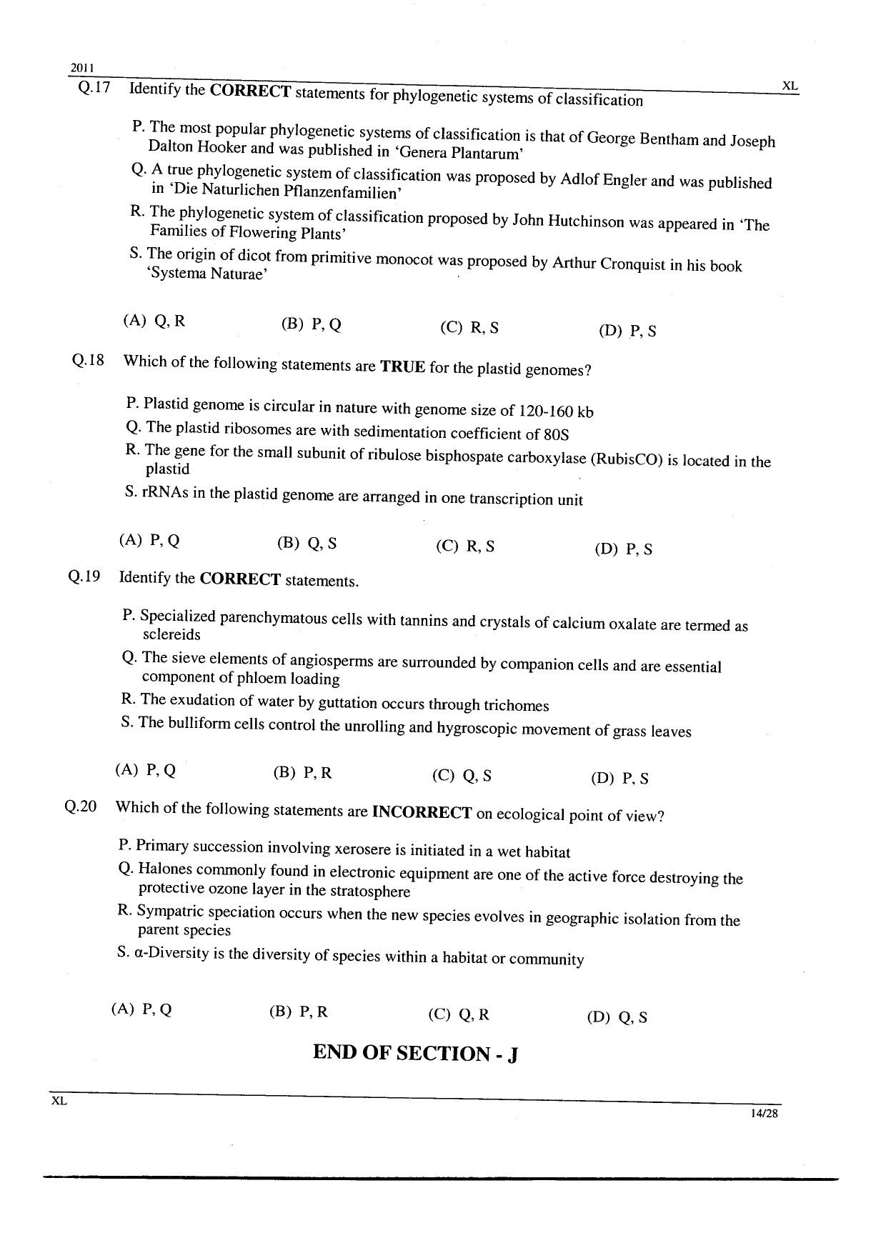 GATE Exam Question Paper 2011 Life Sciences 14