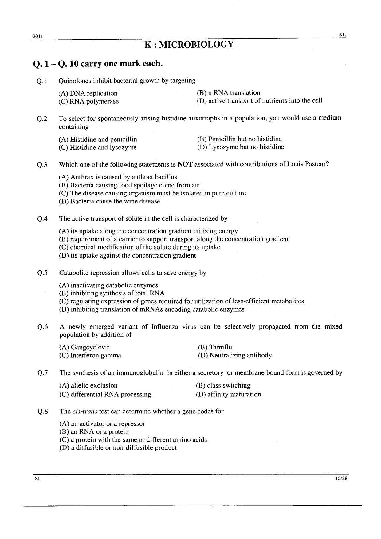 GATE Exam Question Paper 2011 Life Sciences 15
