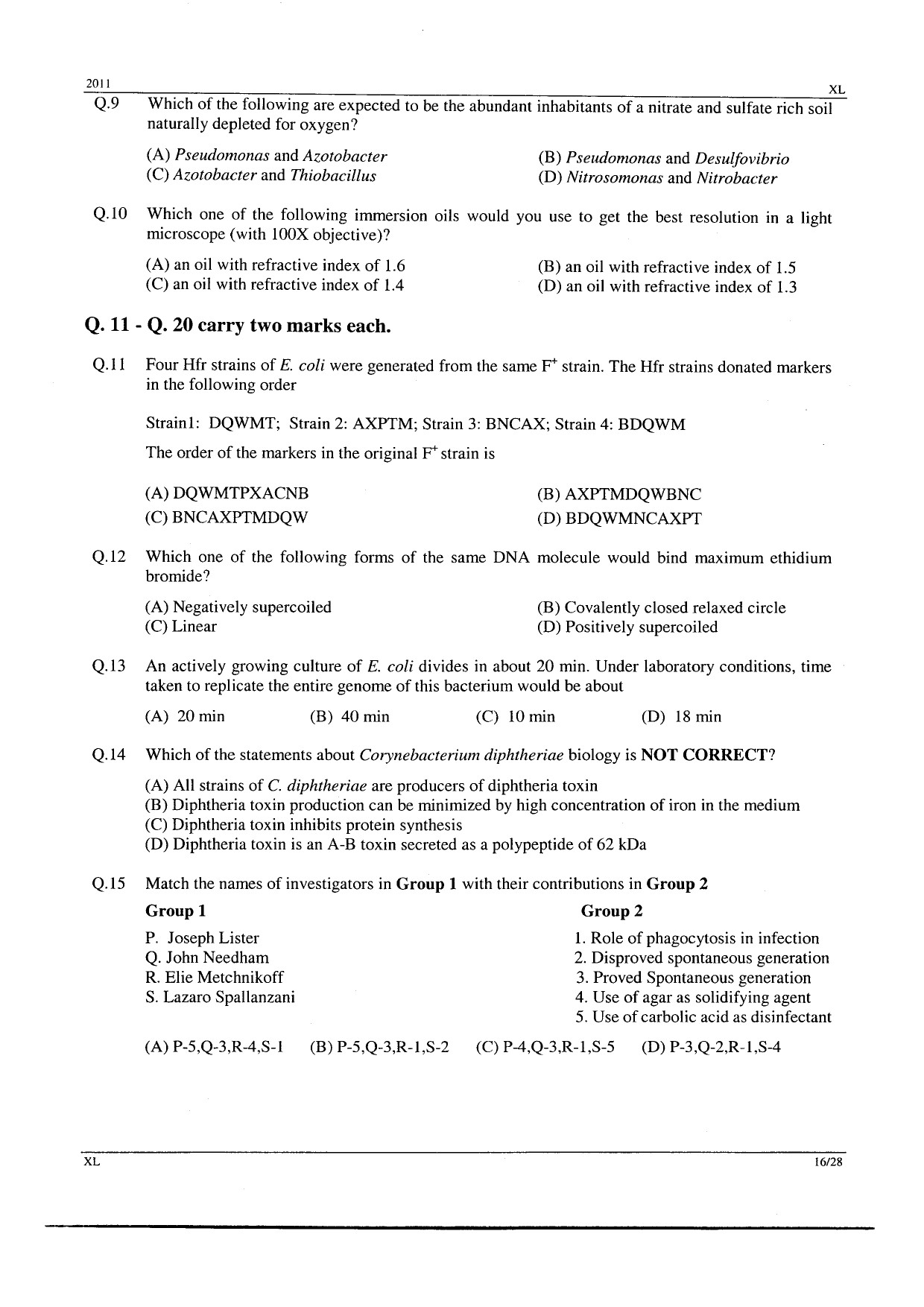 GATE Exam Question Paper 2011 Life Sciences 16