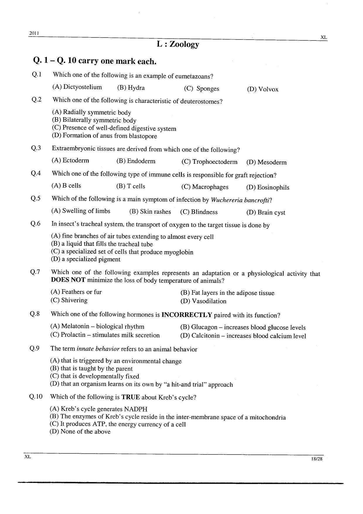 GATE Exam Question Paper 2011 Life Sciences 18
