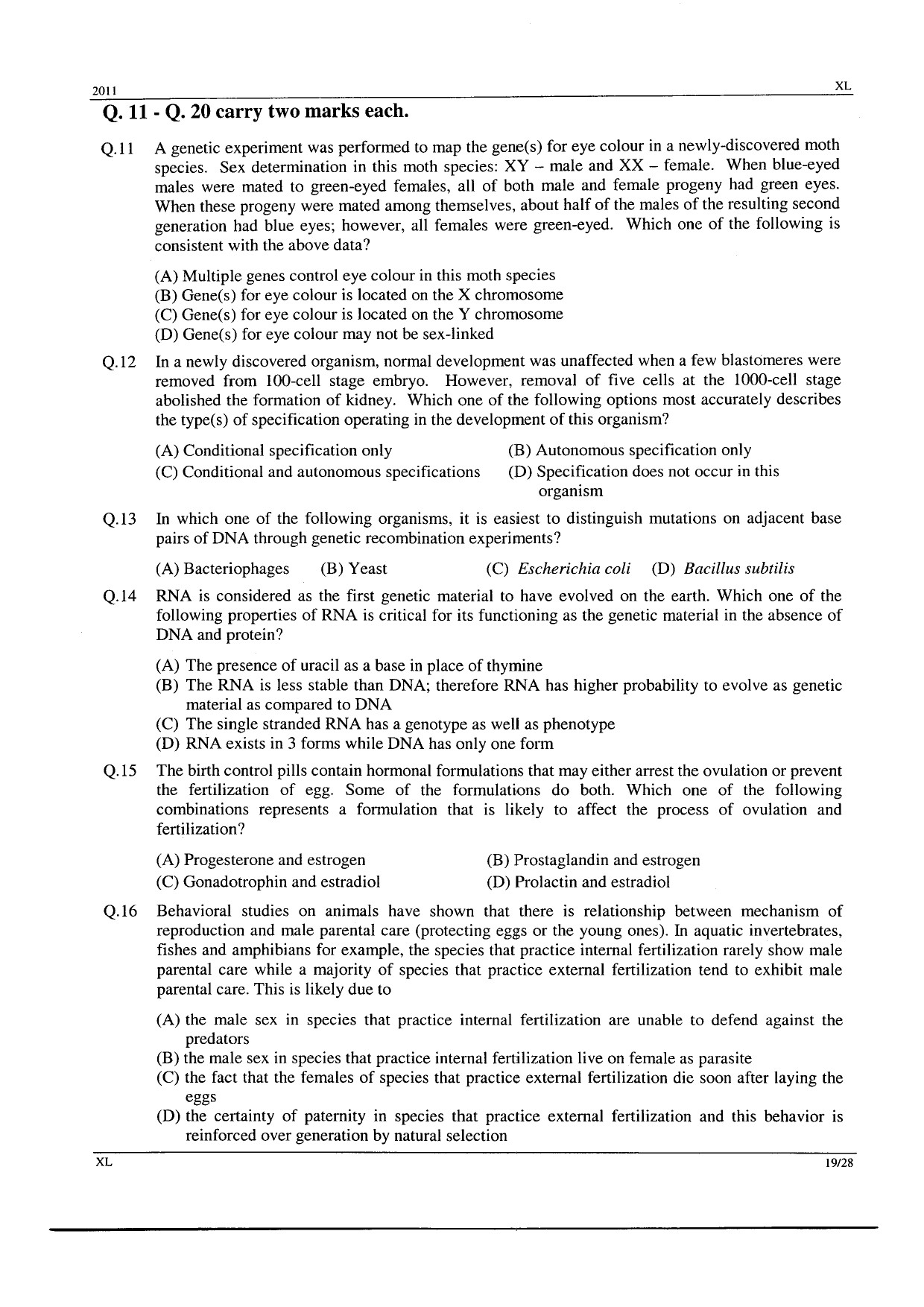 GATE Exam Question Paper 2011 Life Sciences 19