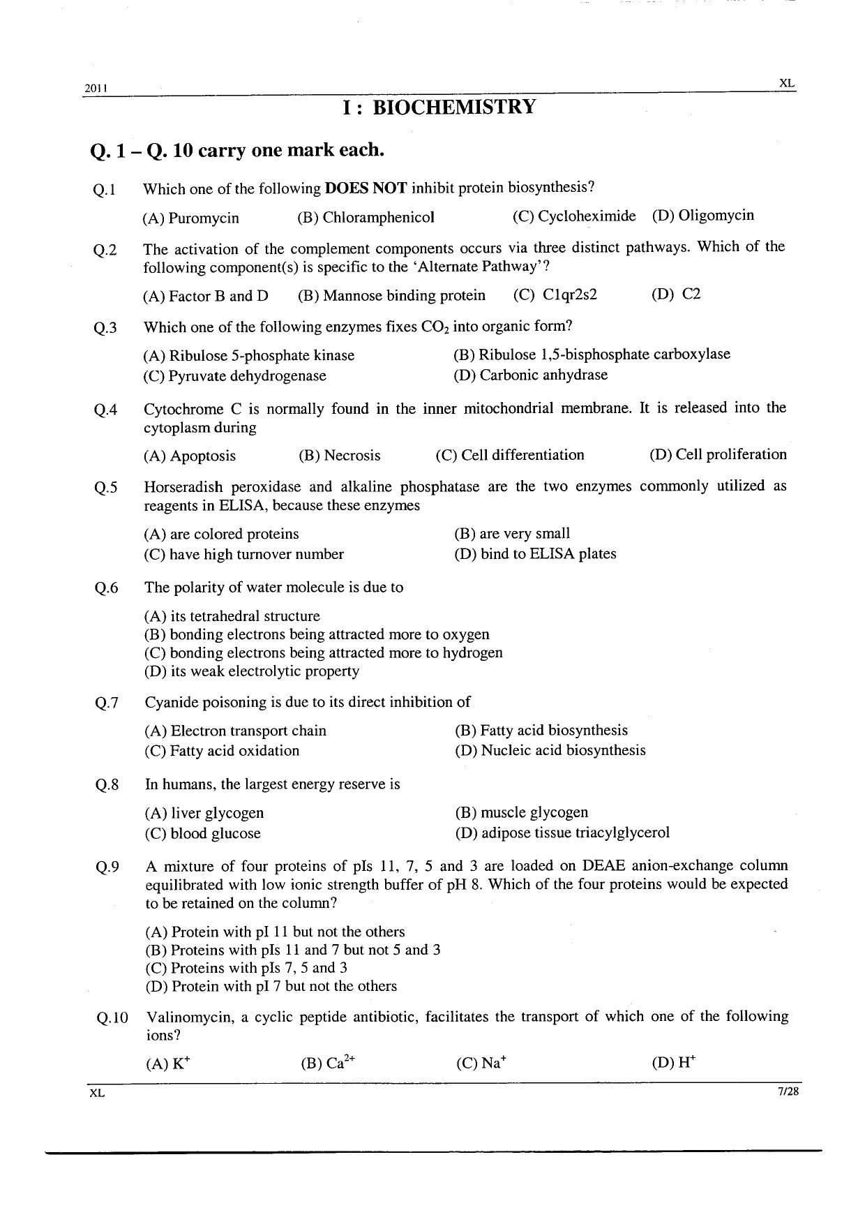 GATE Exam Question Paper 2011 Life Sciences 7