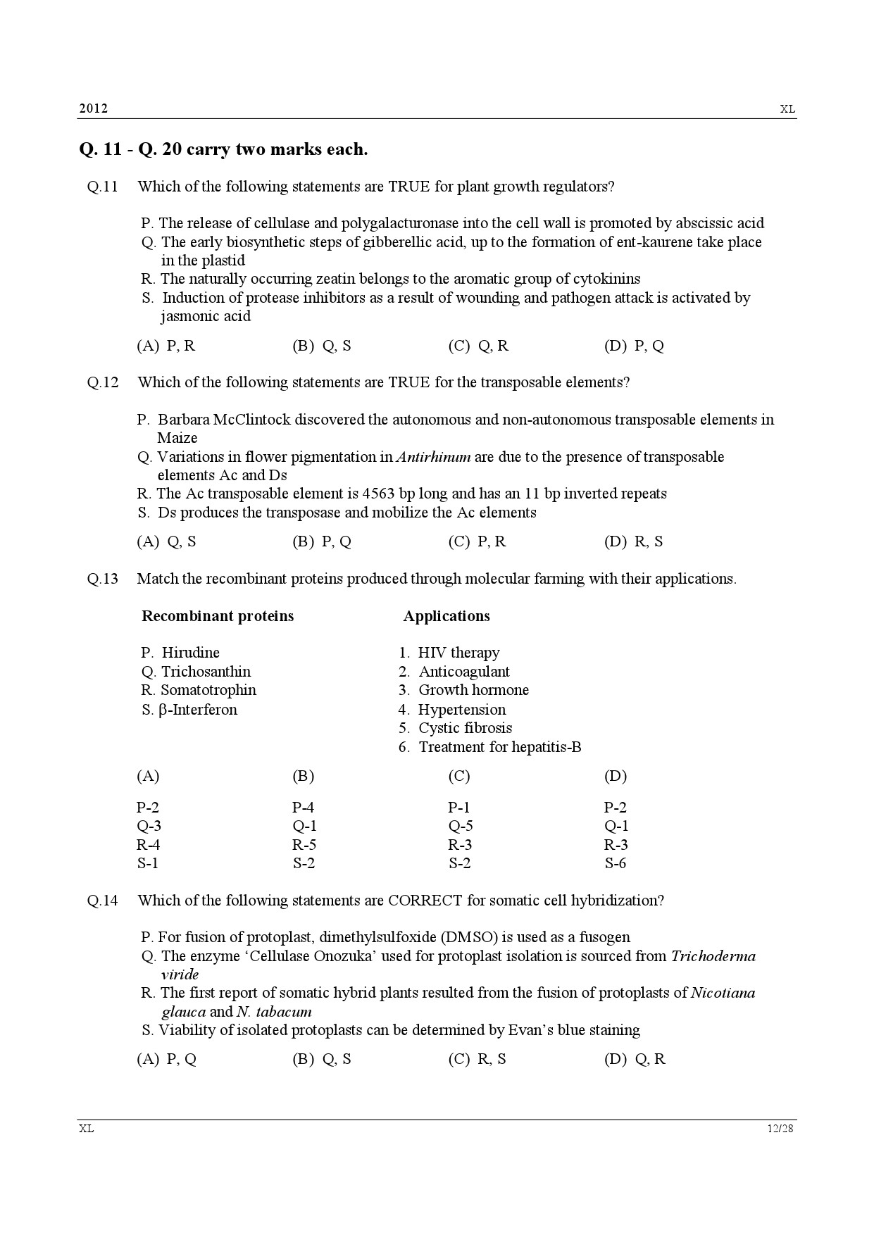 GATE Exam Question Paper 2012 Life Sciences 12