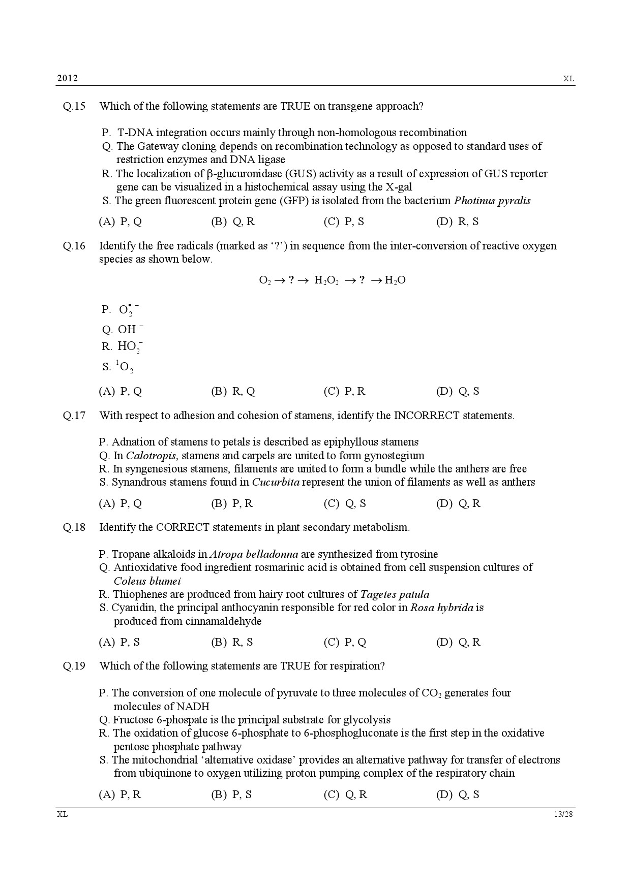 GATE Exam Question Paper 2012 Life Sciences 13