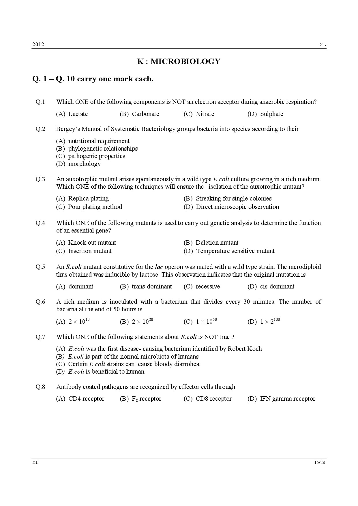 GATE Exam Question Paper 2012 Life Sciences 15