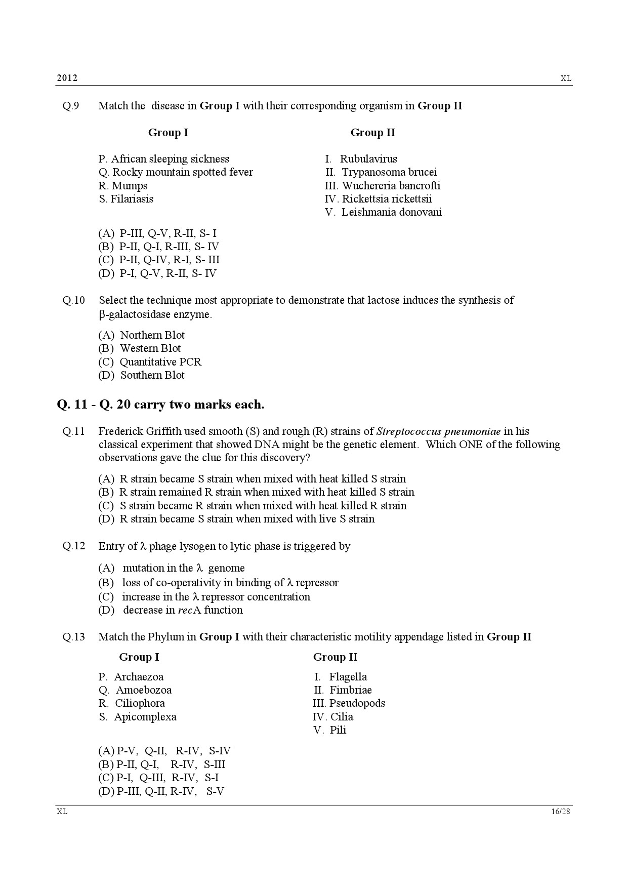GATE Exam Question Paper 2012 Life Sciences 16