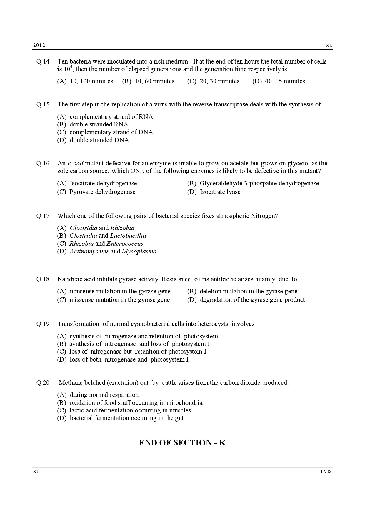 GATE Exam Question Paper 2012 Life Sciences 17
