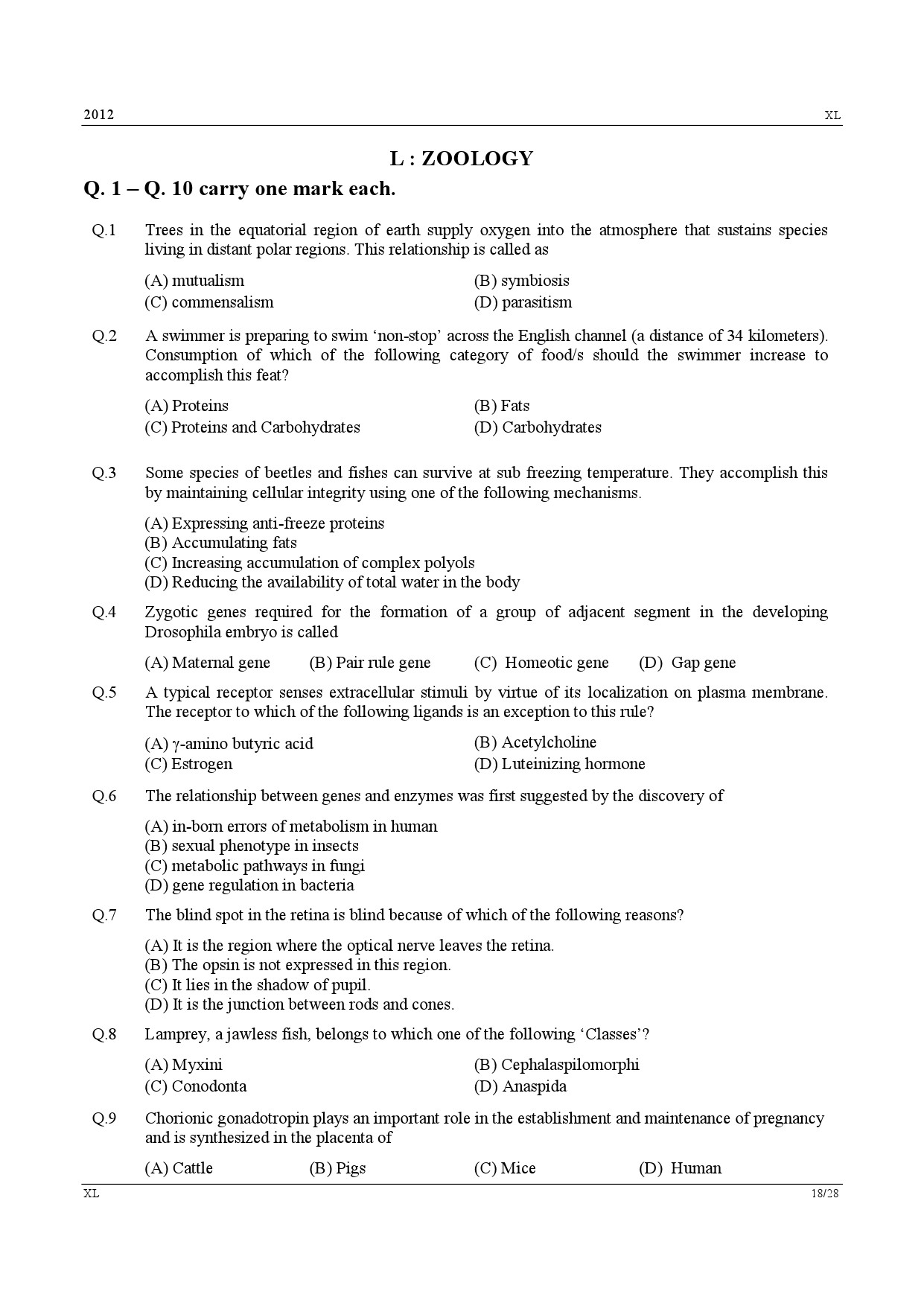 GATE Exam Question Paper 2012 Life Sciences 18