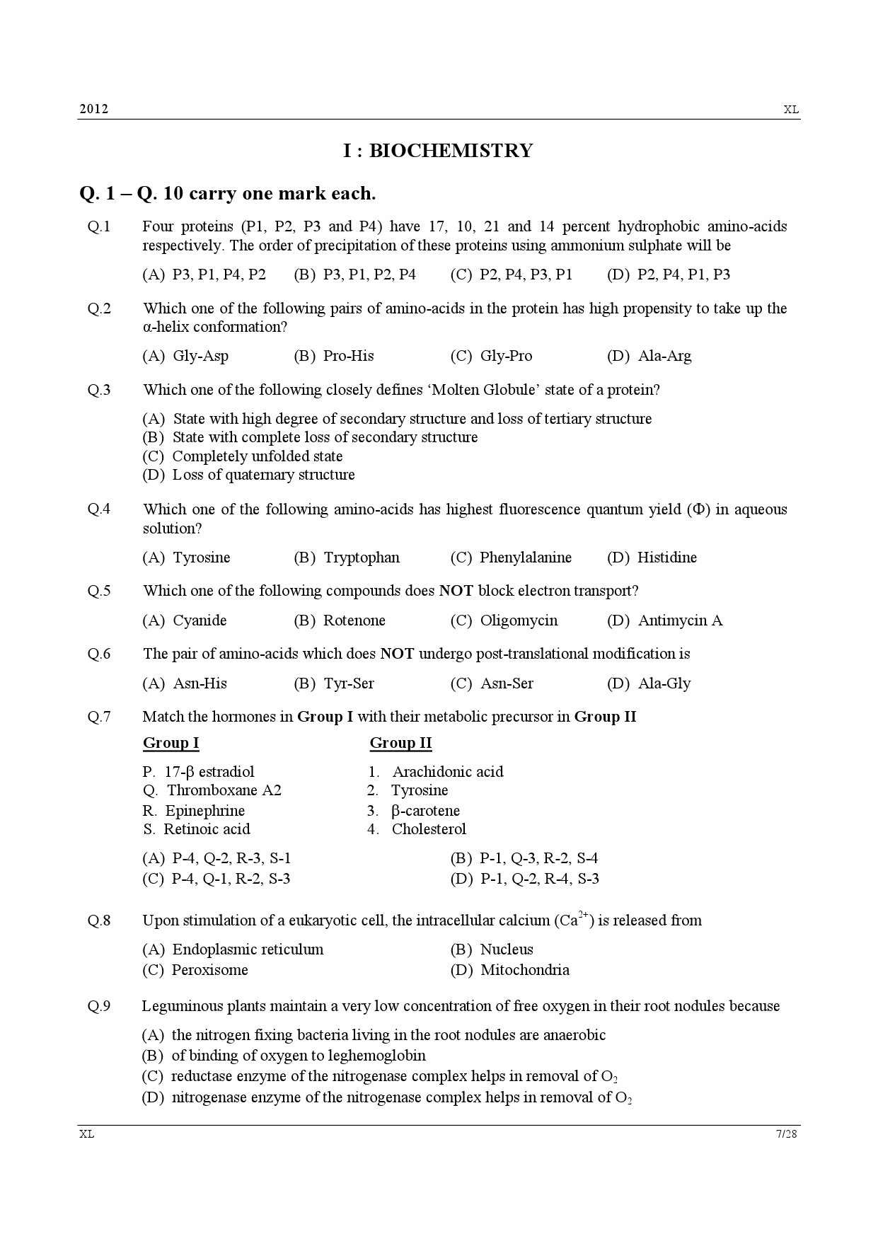 GATE Exam Question Paper 2012 Life Sciences 7