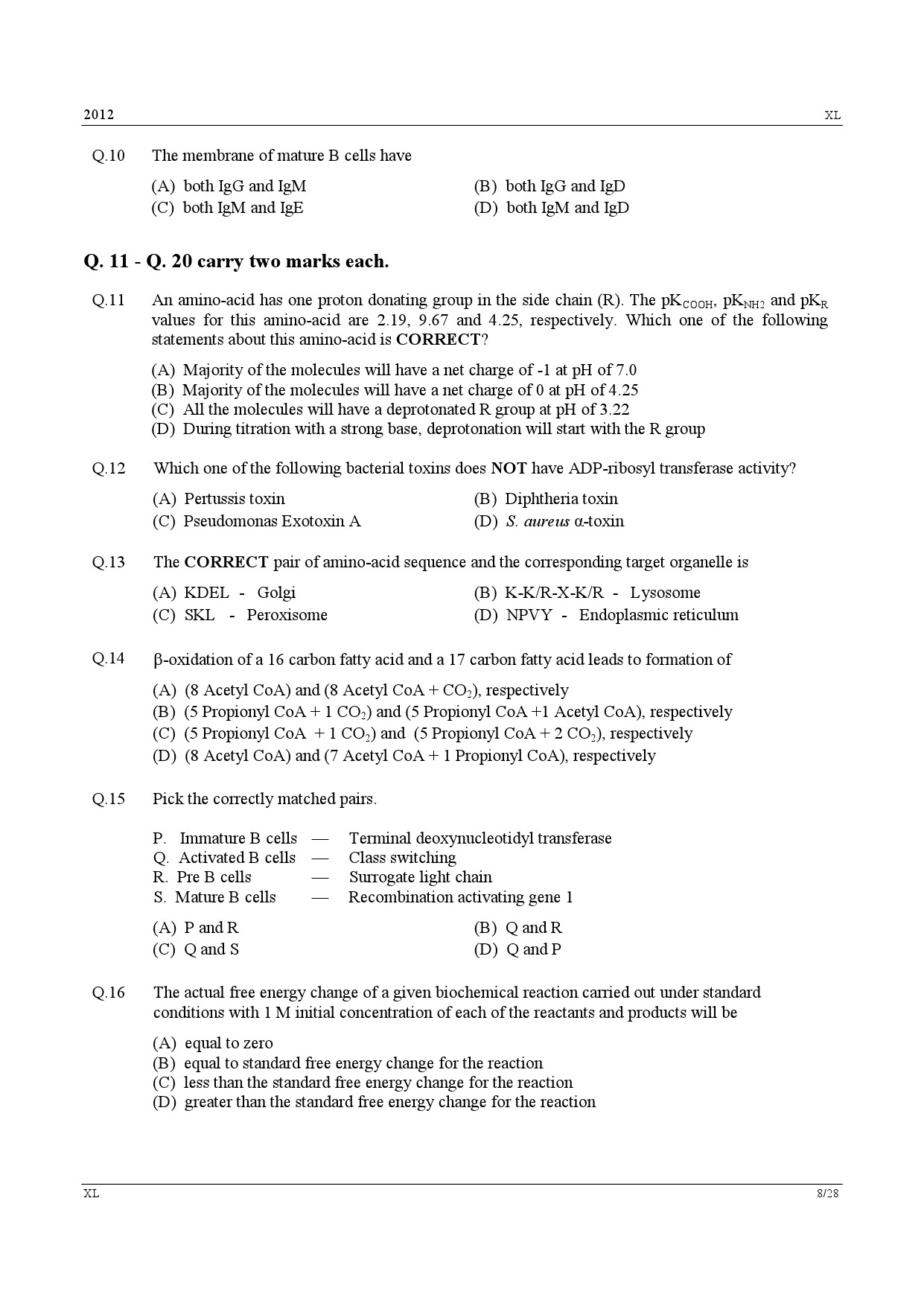 GATE Exam Question Paper 2012 Life Sciences 8