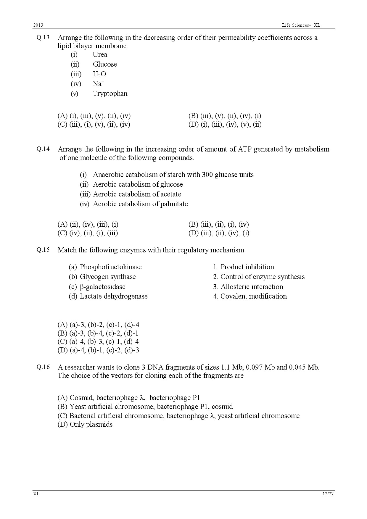 GATE Exam Question Paper 2013 Life Sciences 12