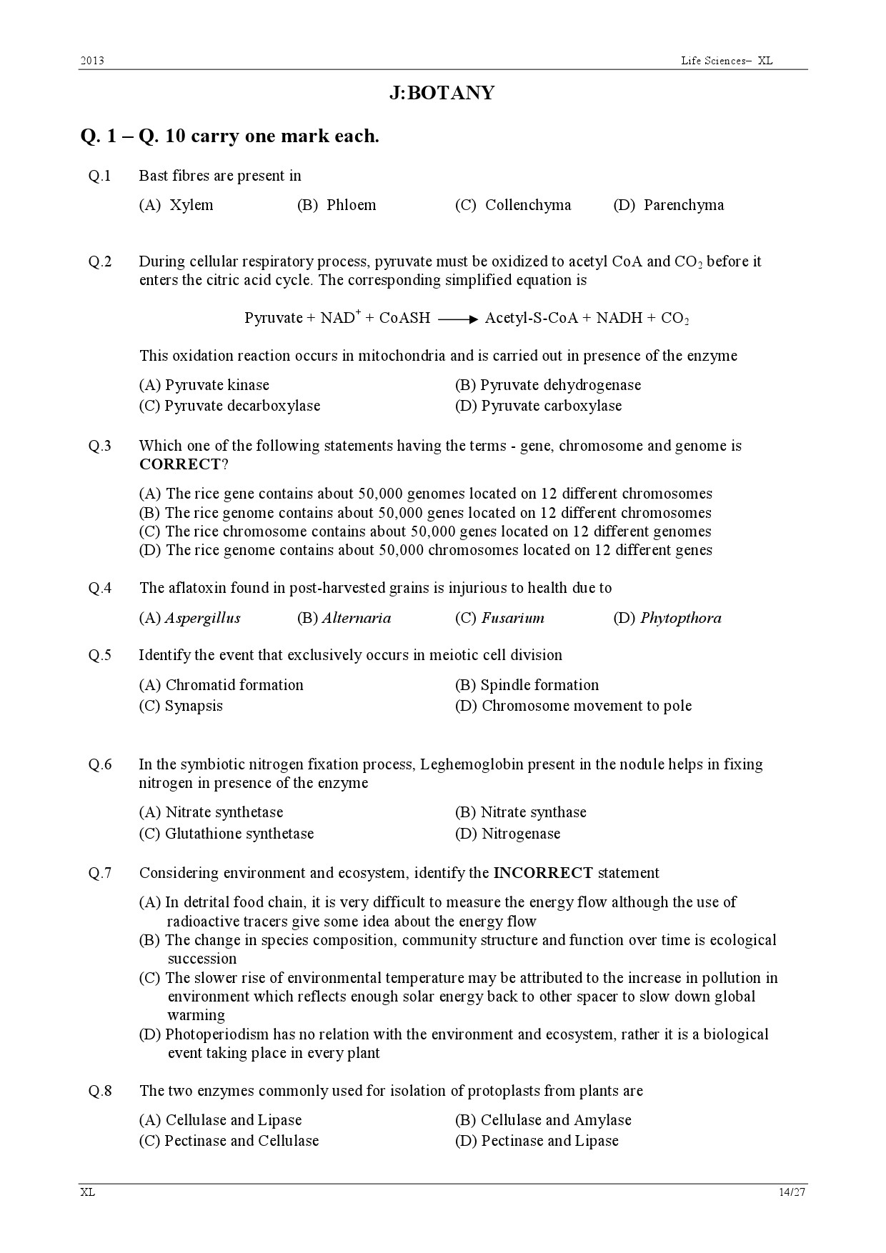 GATE Exam Question Paper 2013 Life Sciences 14