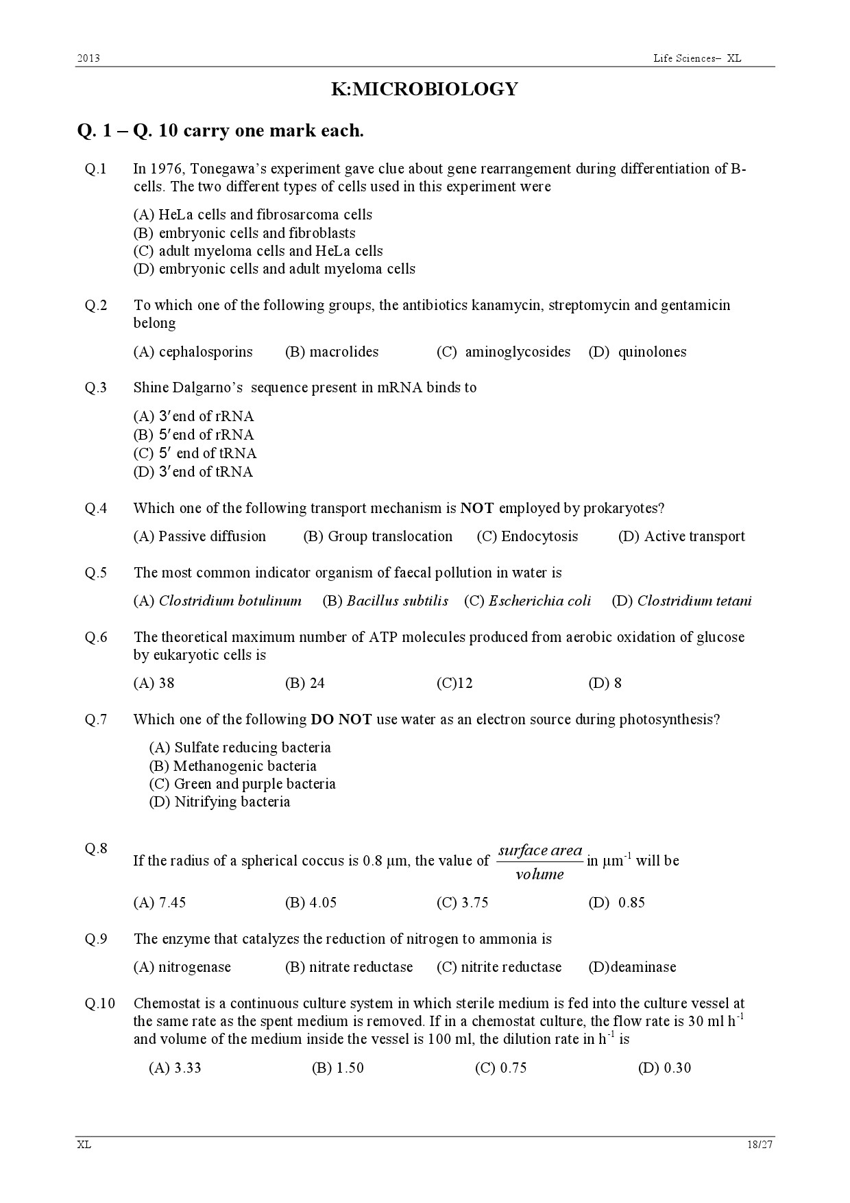 GATE Exam Question Paper 2013 Life Sciences 18