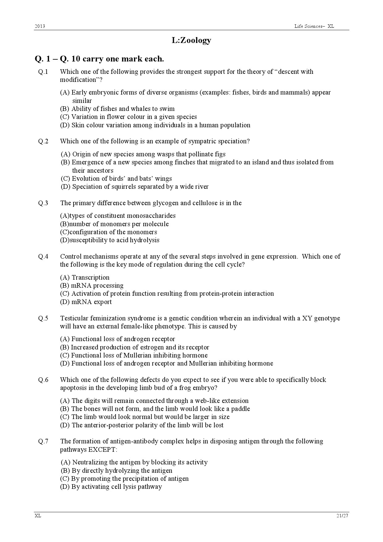 GATE Exam Question Paper 2013 Life Sciences 21