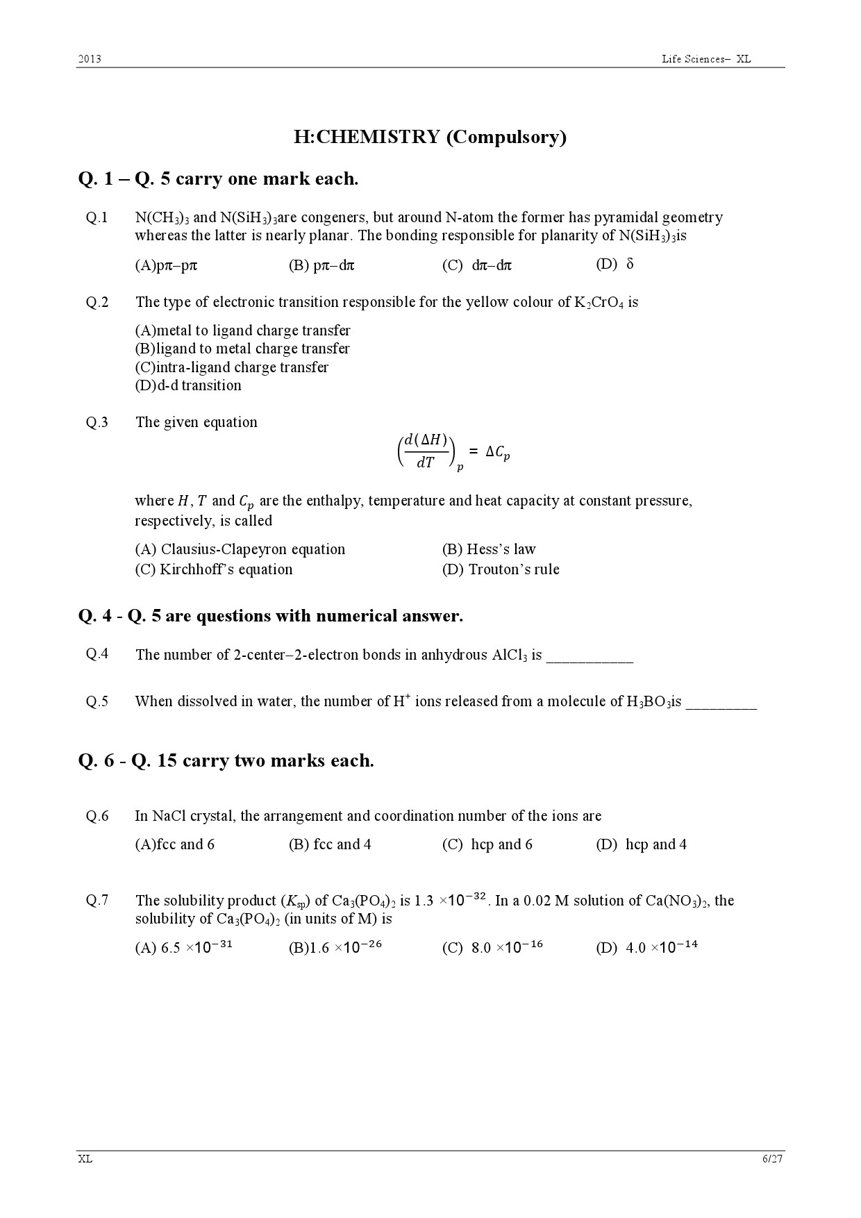 GATE Exam Question Paper 2013 Life Sciences 6
