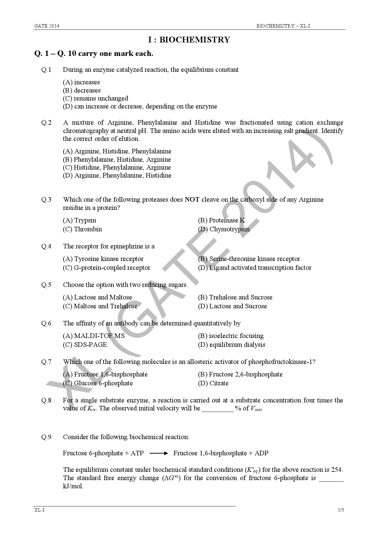GATE Exam Question Paper 2014 Life Sciences 10