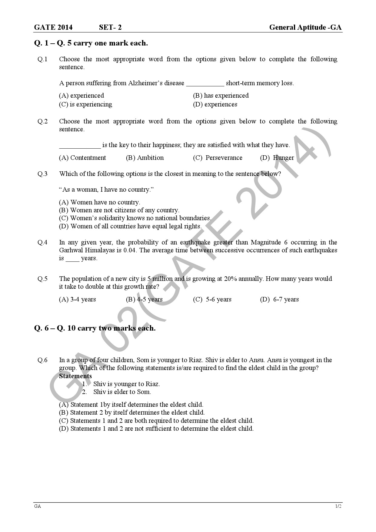 GATE Exam Question Paper 2014 Life Sciences 5