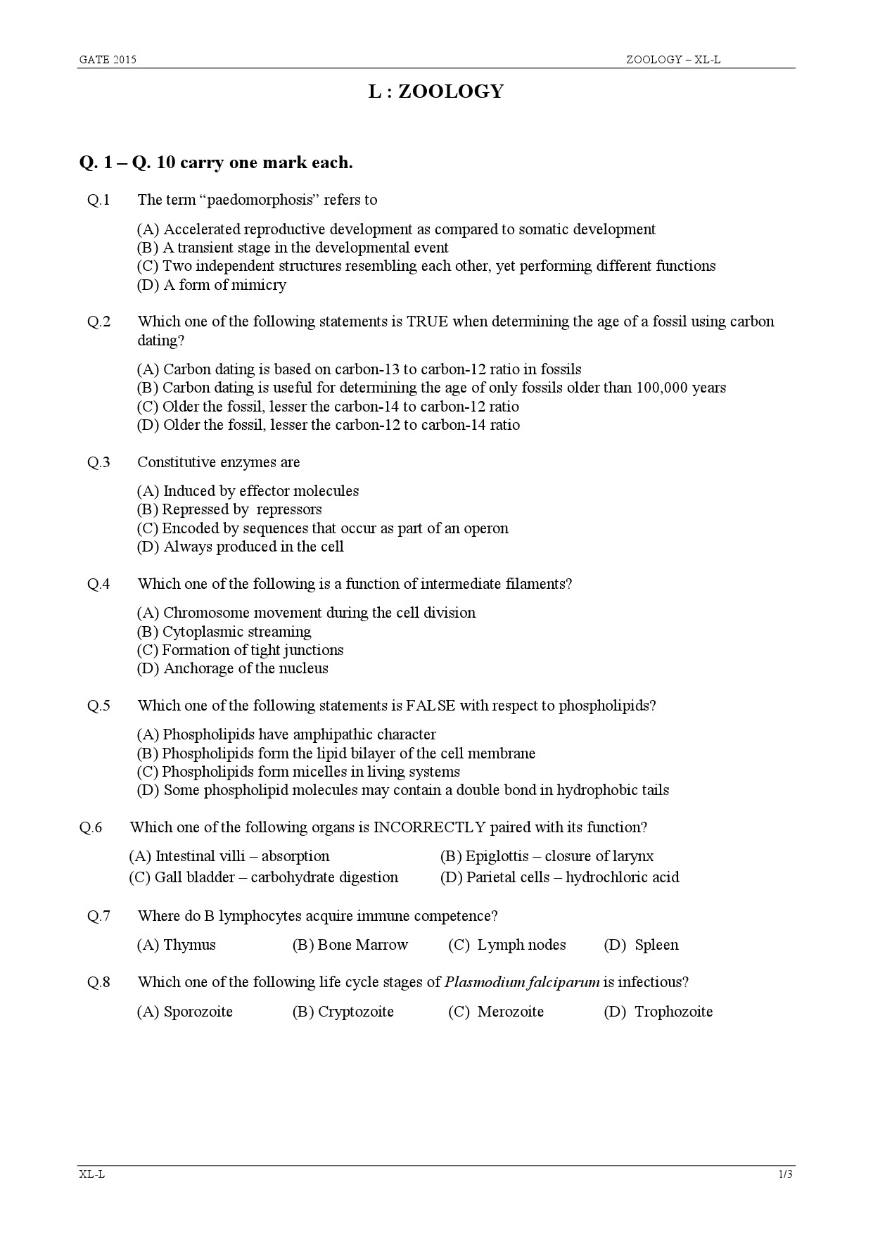 GATE Exam Question Paper 2015 Life Sciences 16