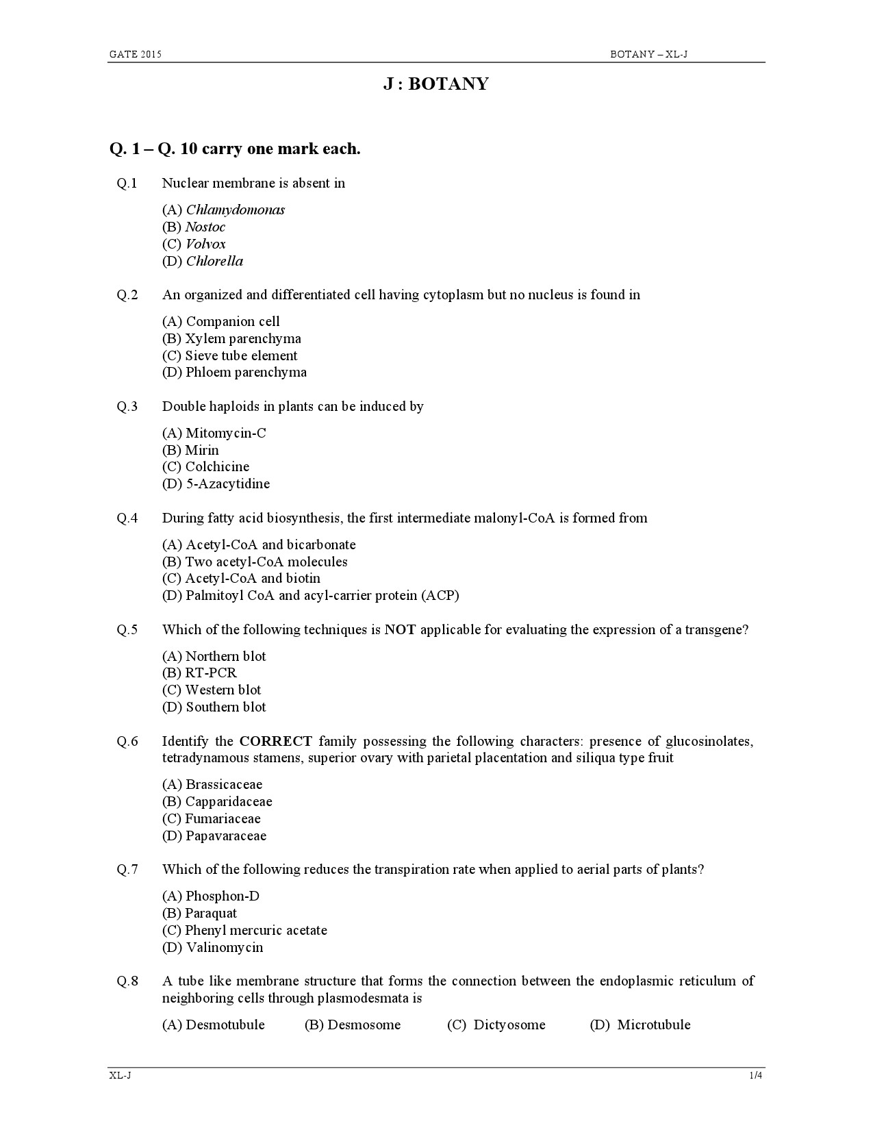 GATE Exam Question Paper 2015 Life Sciences 9