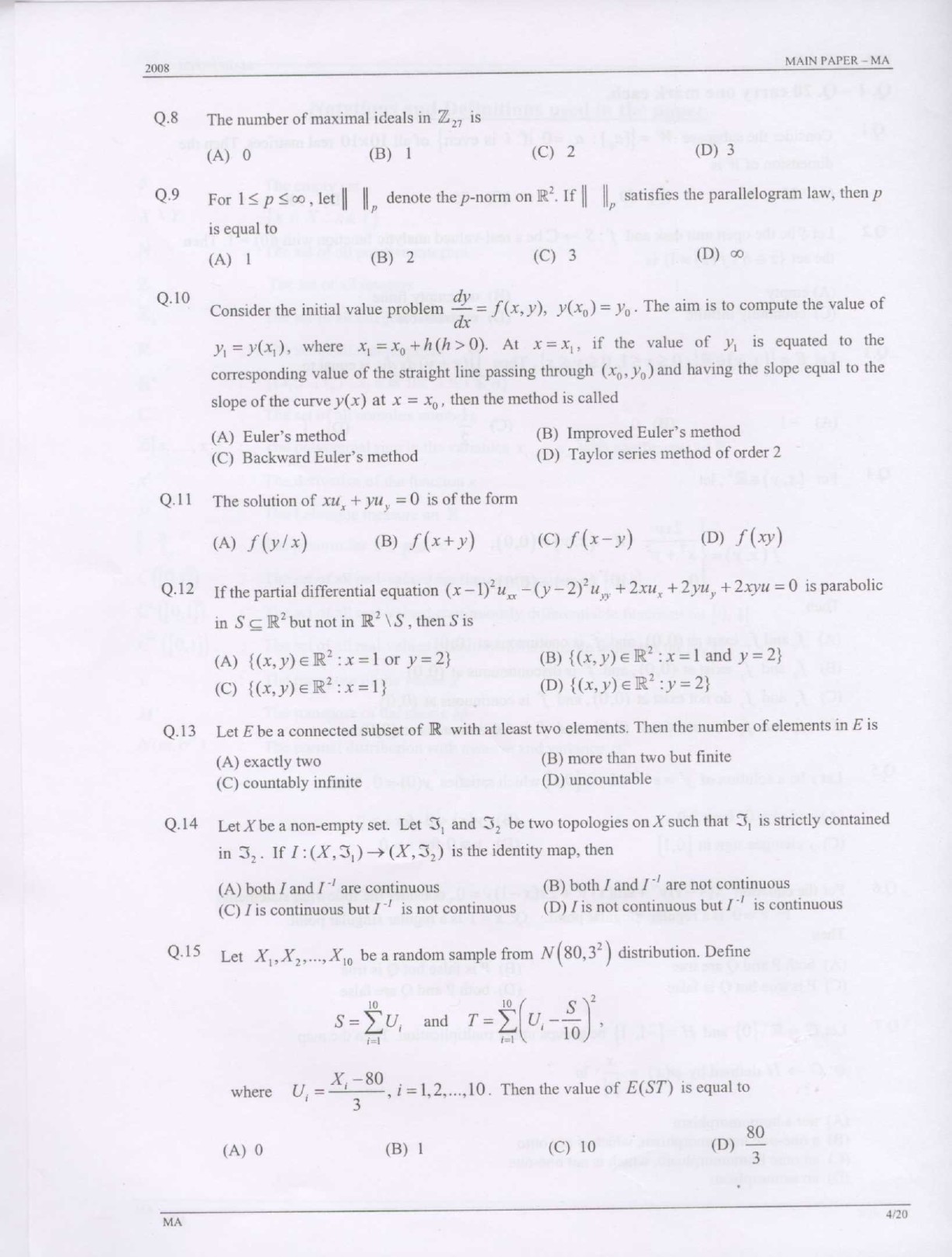 GATE Exam Question Paper 2008 Mathematics 4