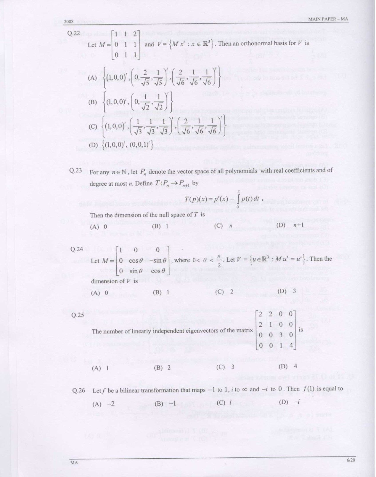 GATE Exam Question Paper 2008 Mathematics 6