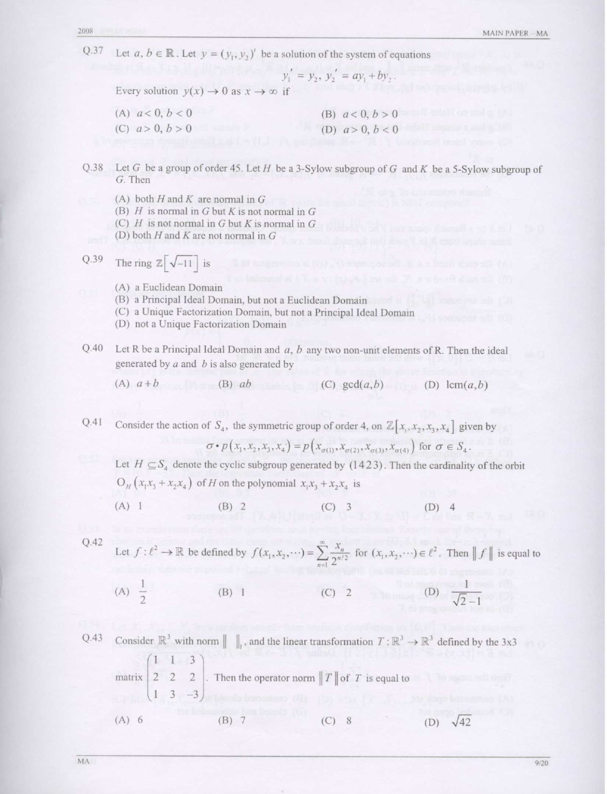 GATE Exam Question Paper 2008 Mathematics 9
