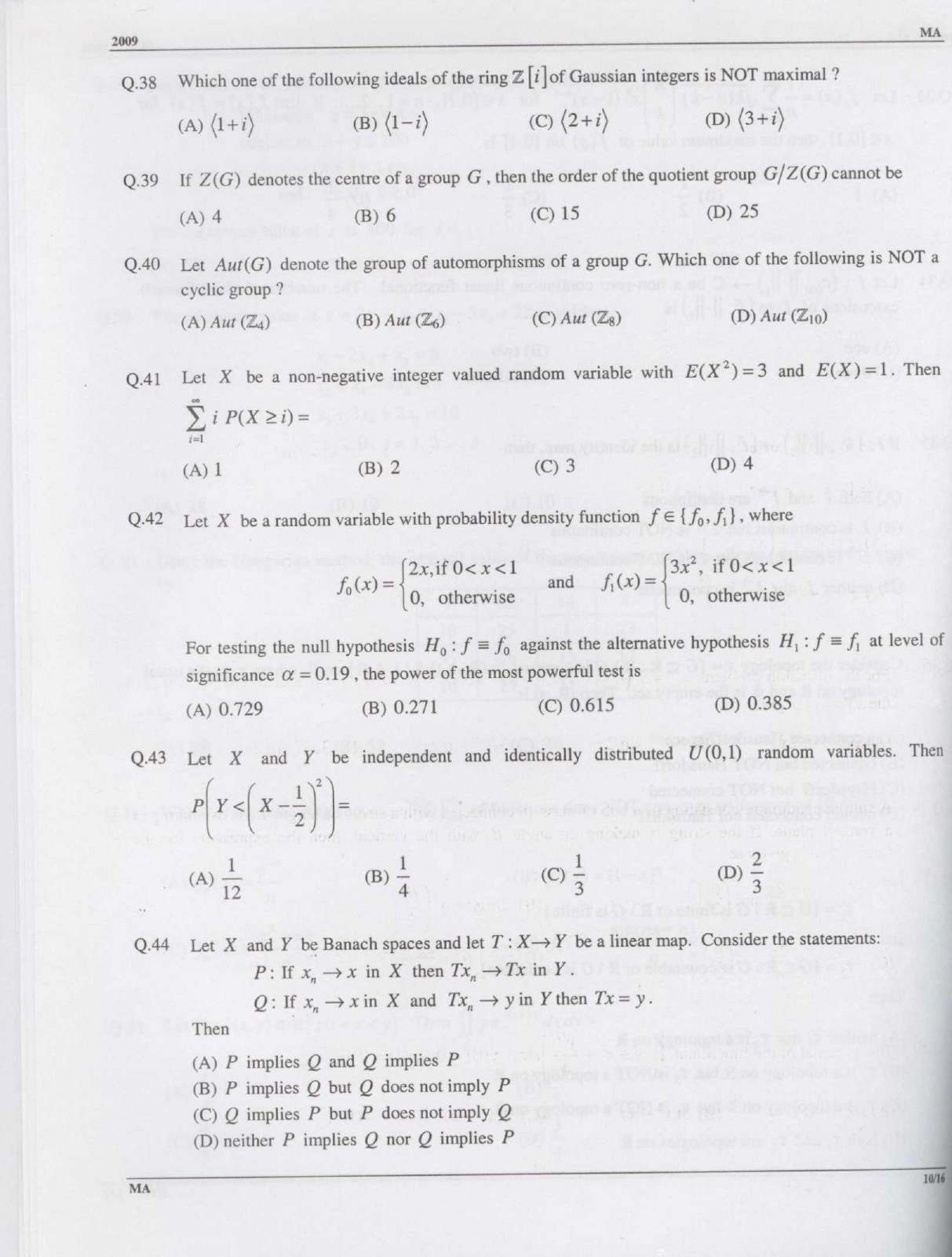GATE Exam Question Paper 2009 Mathematics 10
