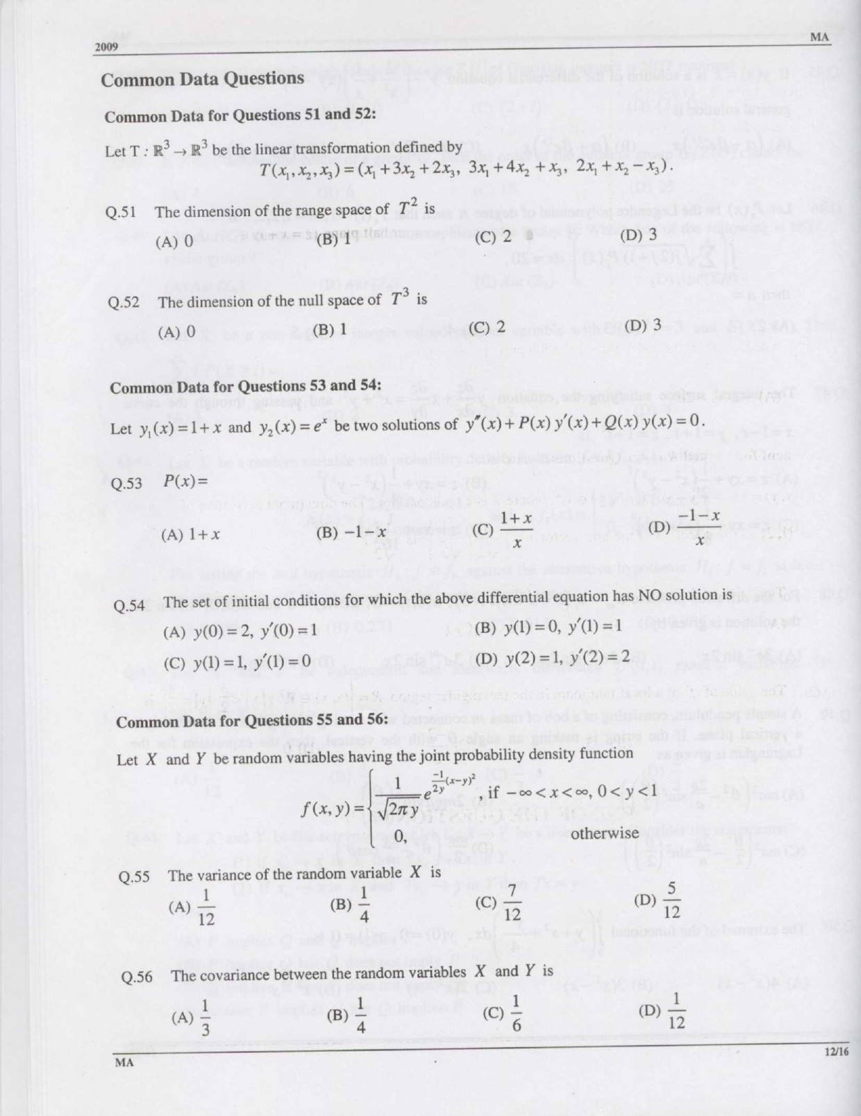 GATE Exam Question Paper 2009 Mathematics 12