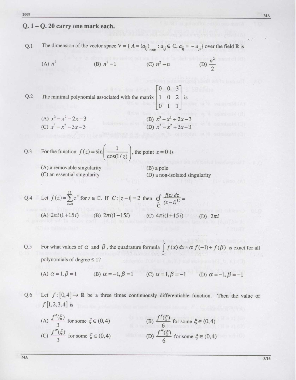 GATE Exam Question Paper 2009 Mathematics 3