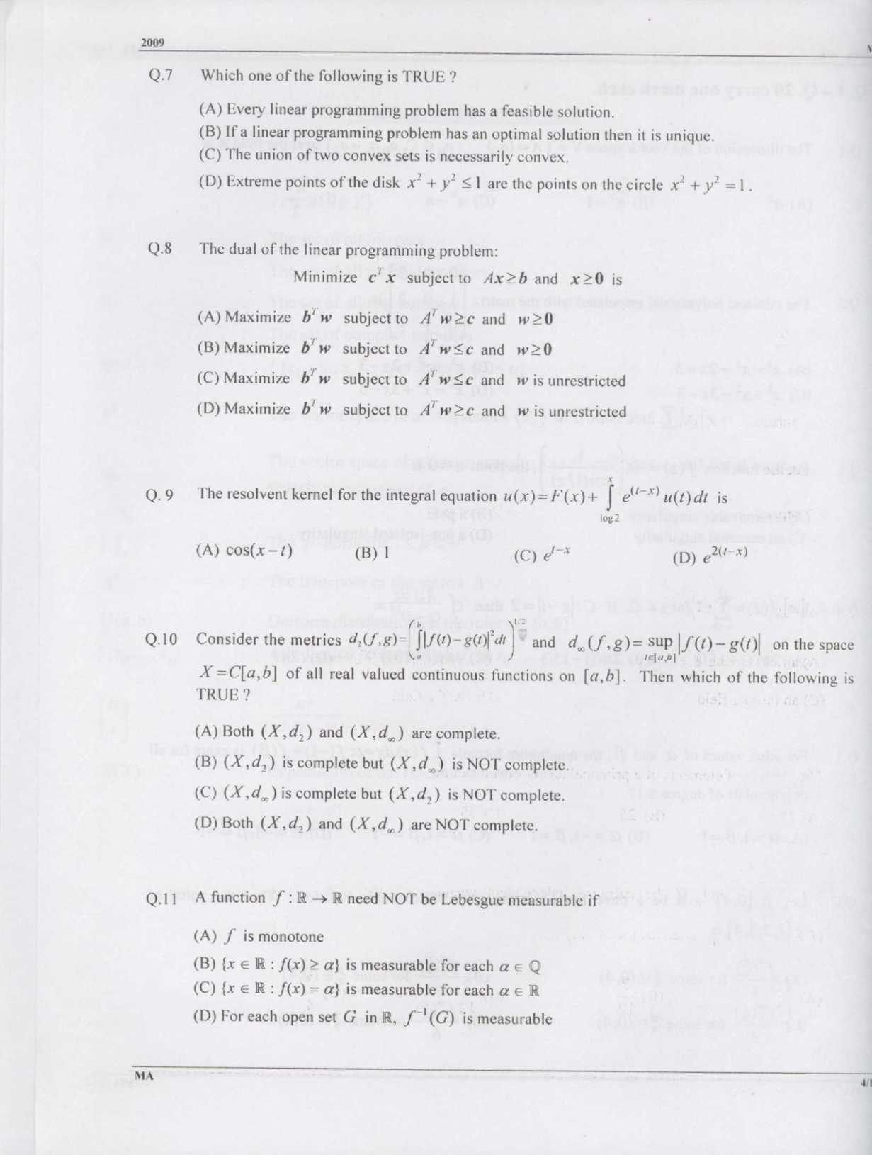 GATE Exam Question Paper 2009 Mathematics 4