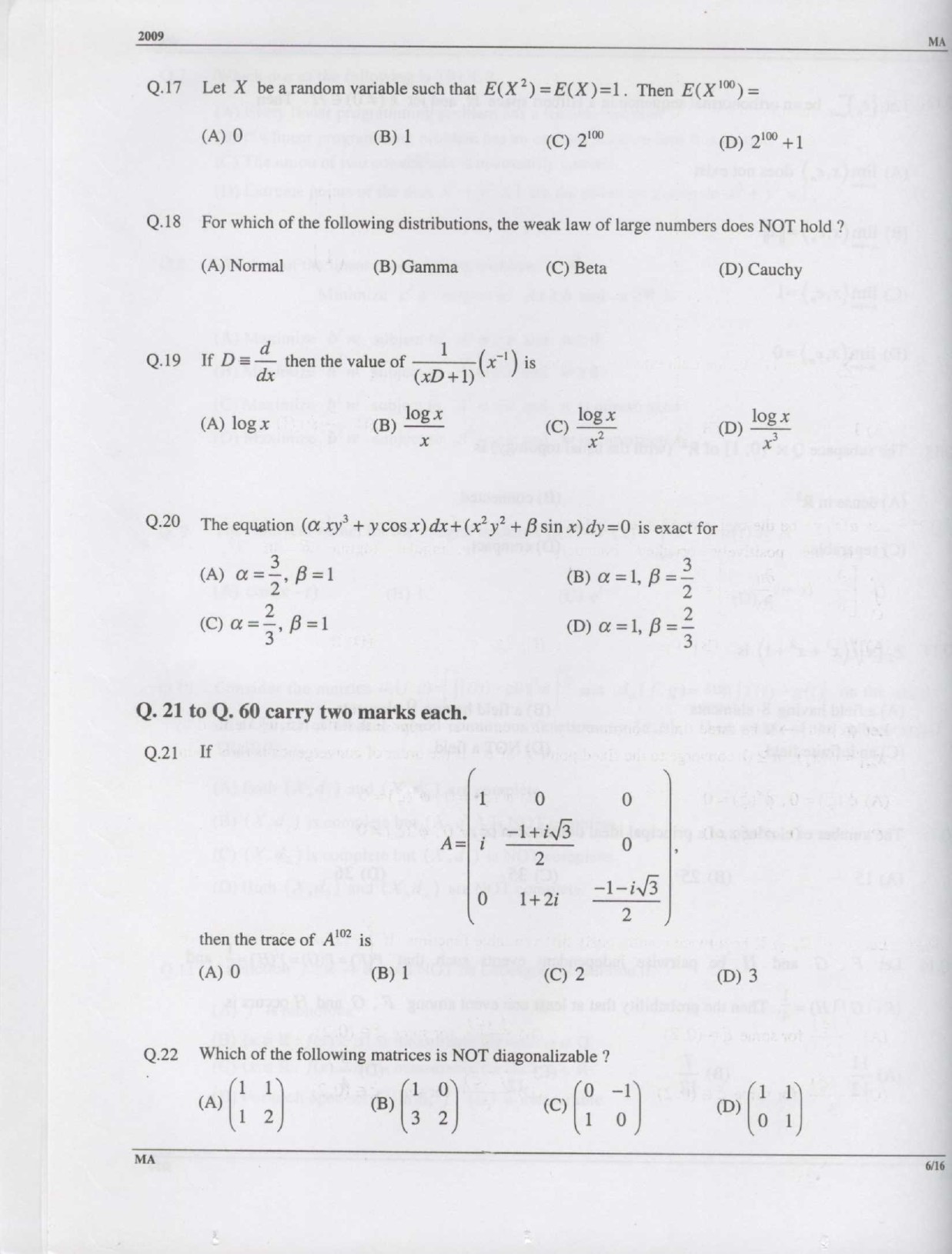GATE Exam Question Paper 2009 Mathematics 6
