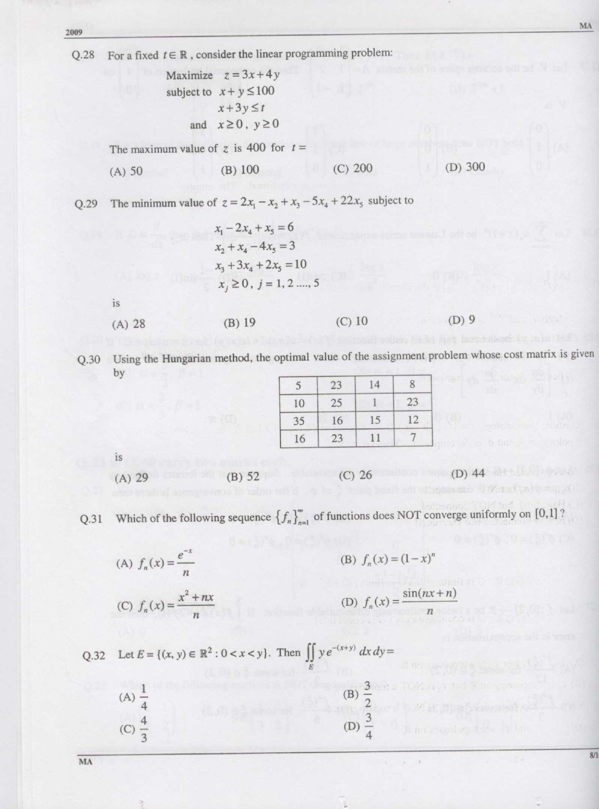 GATE Exam Question Paper 2009 Mathematics 8