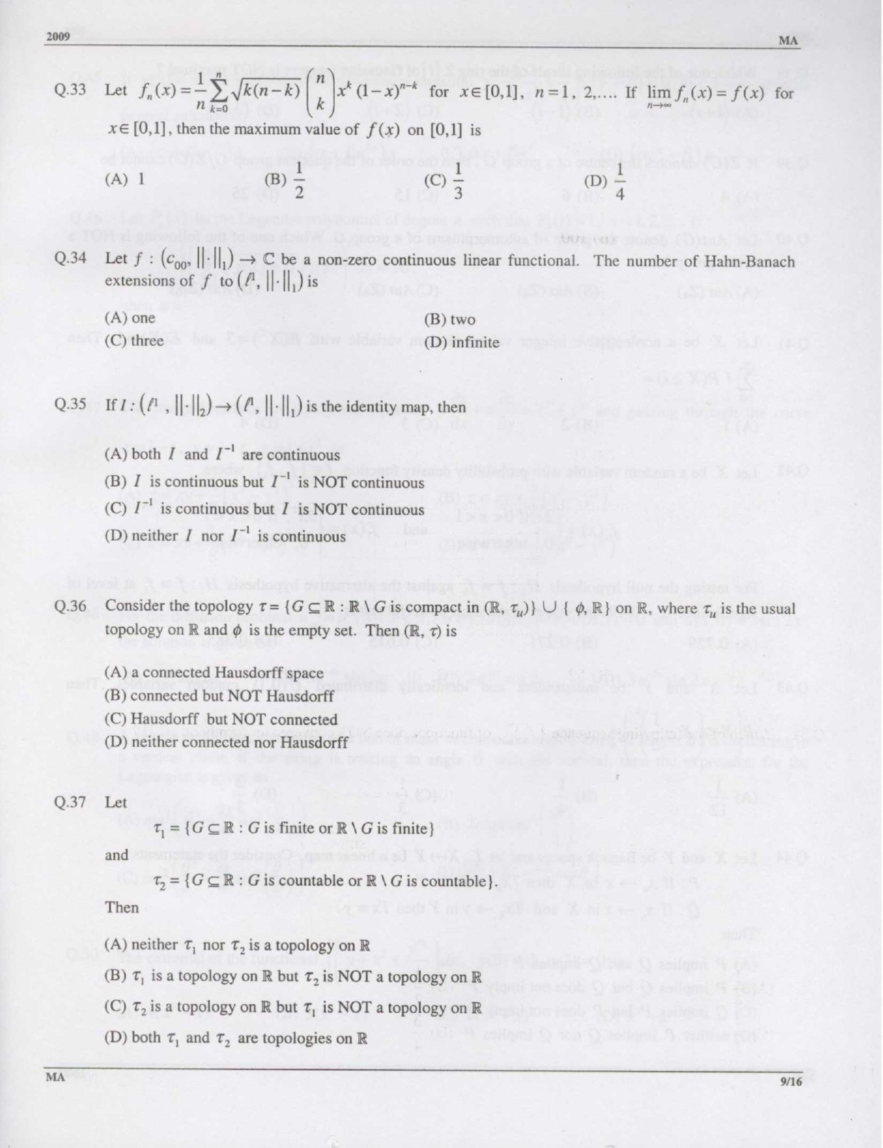 GATE Exam Question Paper 2009 Mathematics 9