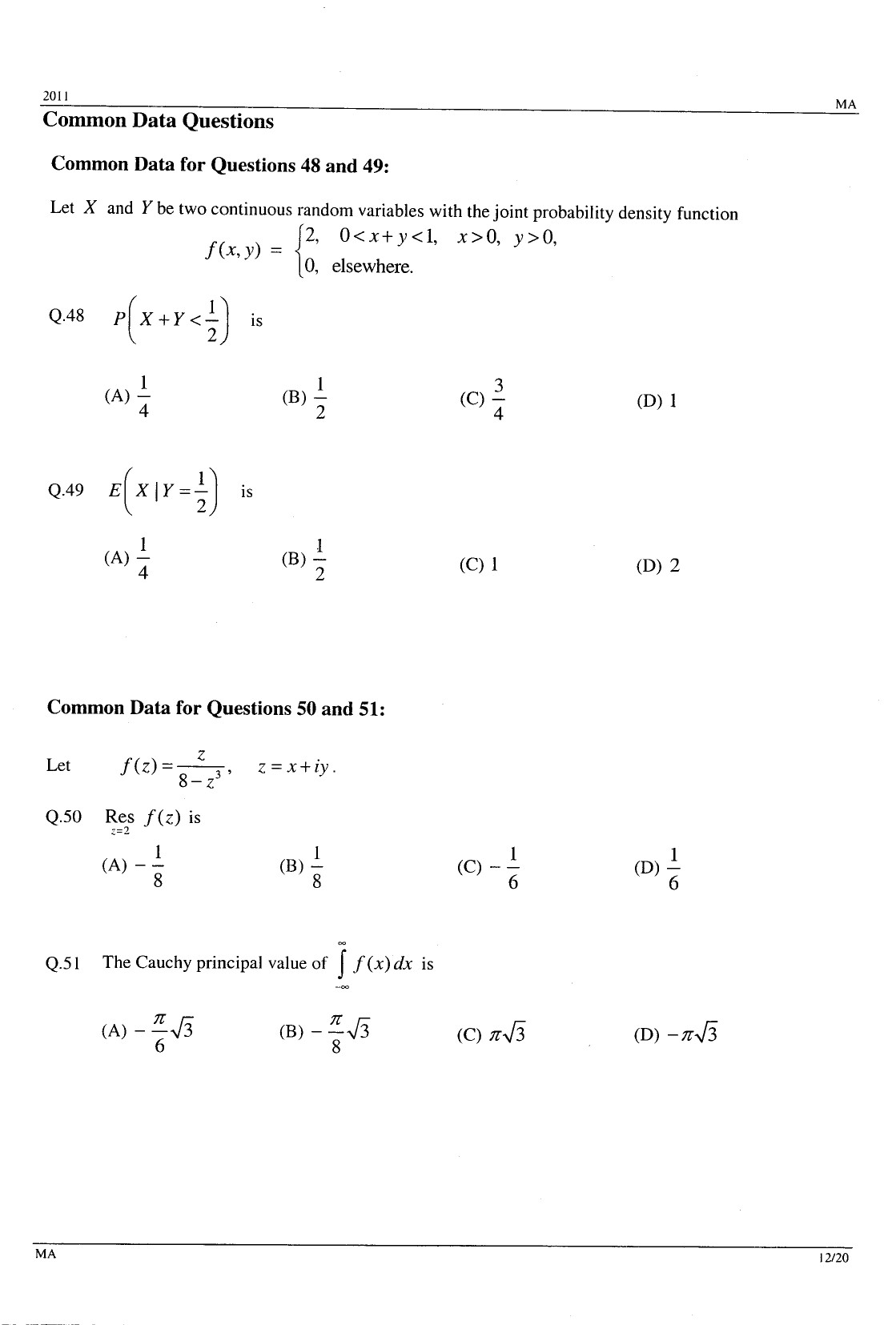 GATE Exam Question Paper 2011 Mathematics 12