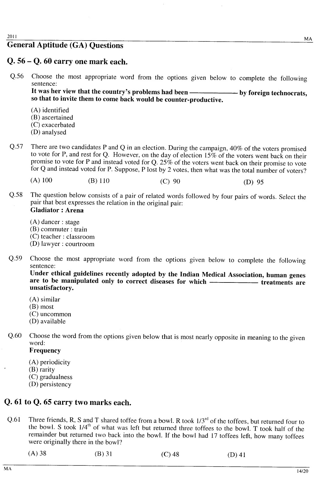 GATE Exam Question Paper 2011 Mathematics 14