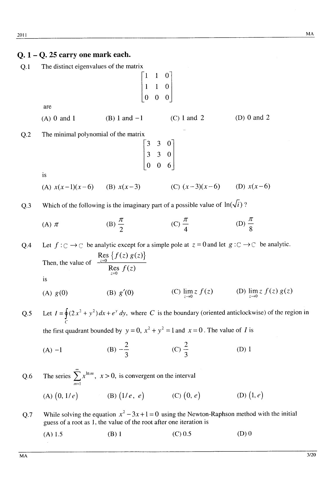 GATE Exam Question Paper 2011 Mathematics 3