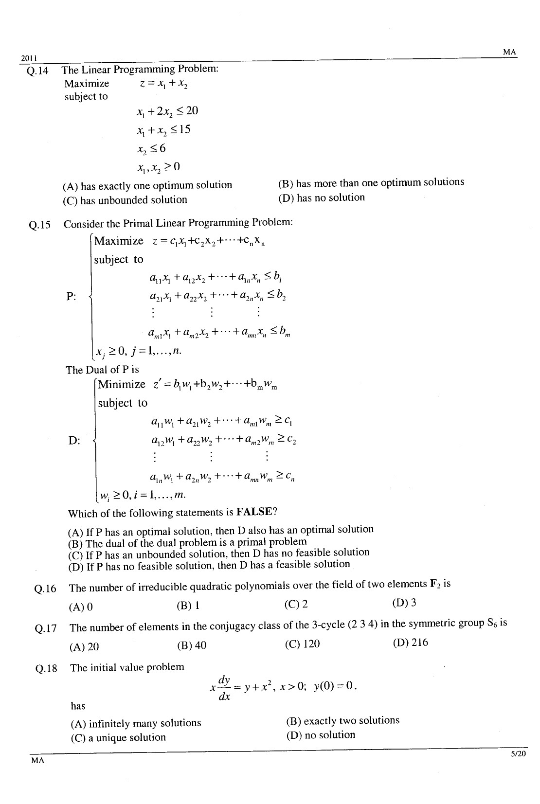 GATE Exam Question Paper 2011 Mathematics 5