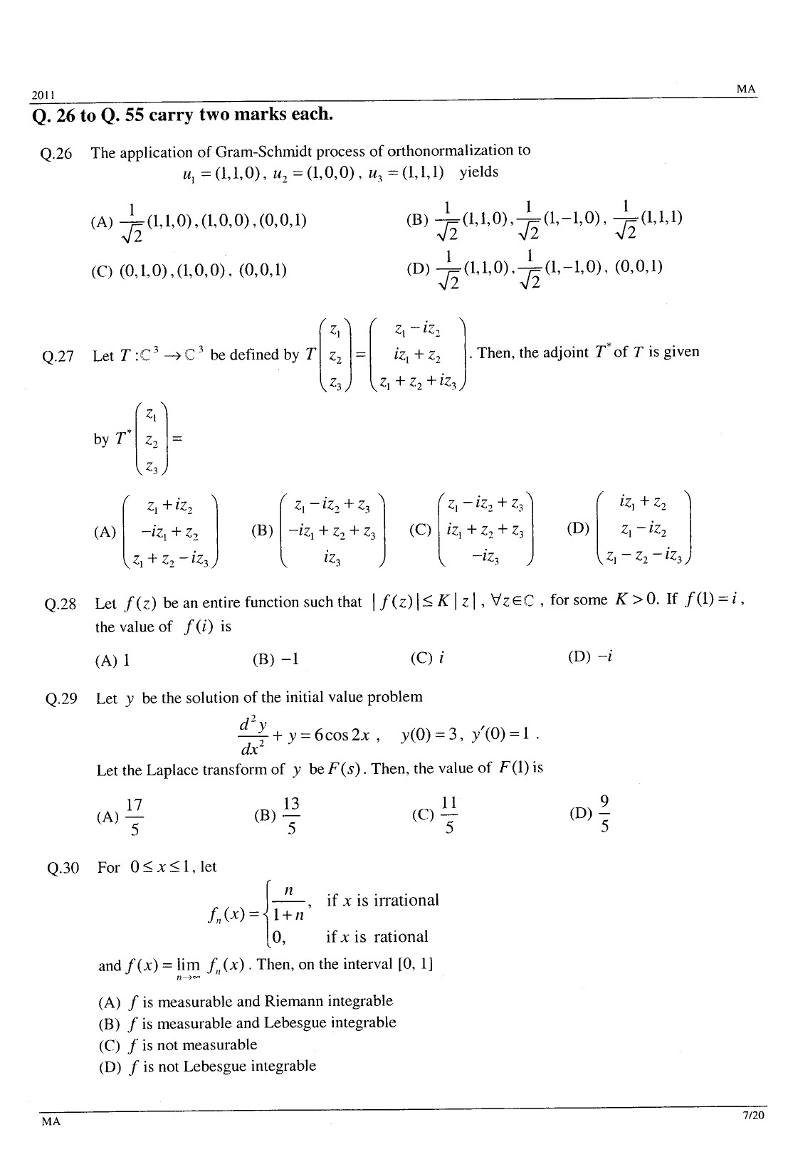 GATE Exam Question Paper 2011 Mathematics 7