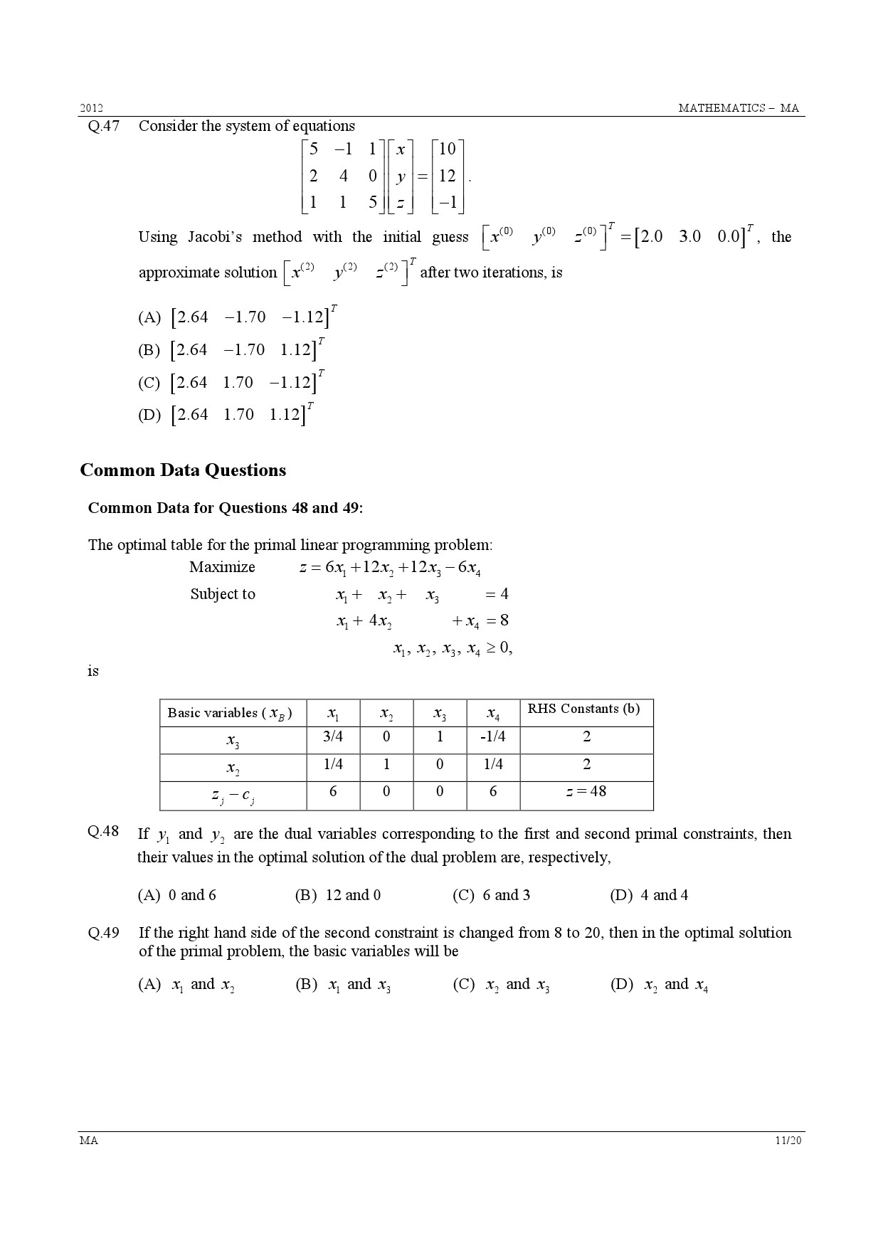 GATE Exam Question Paper 2012 Mathematics 11