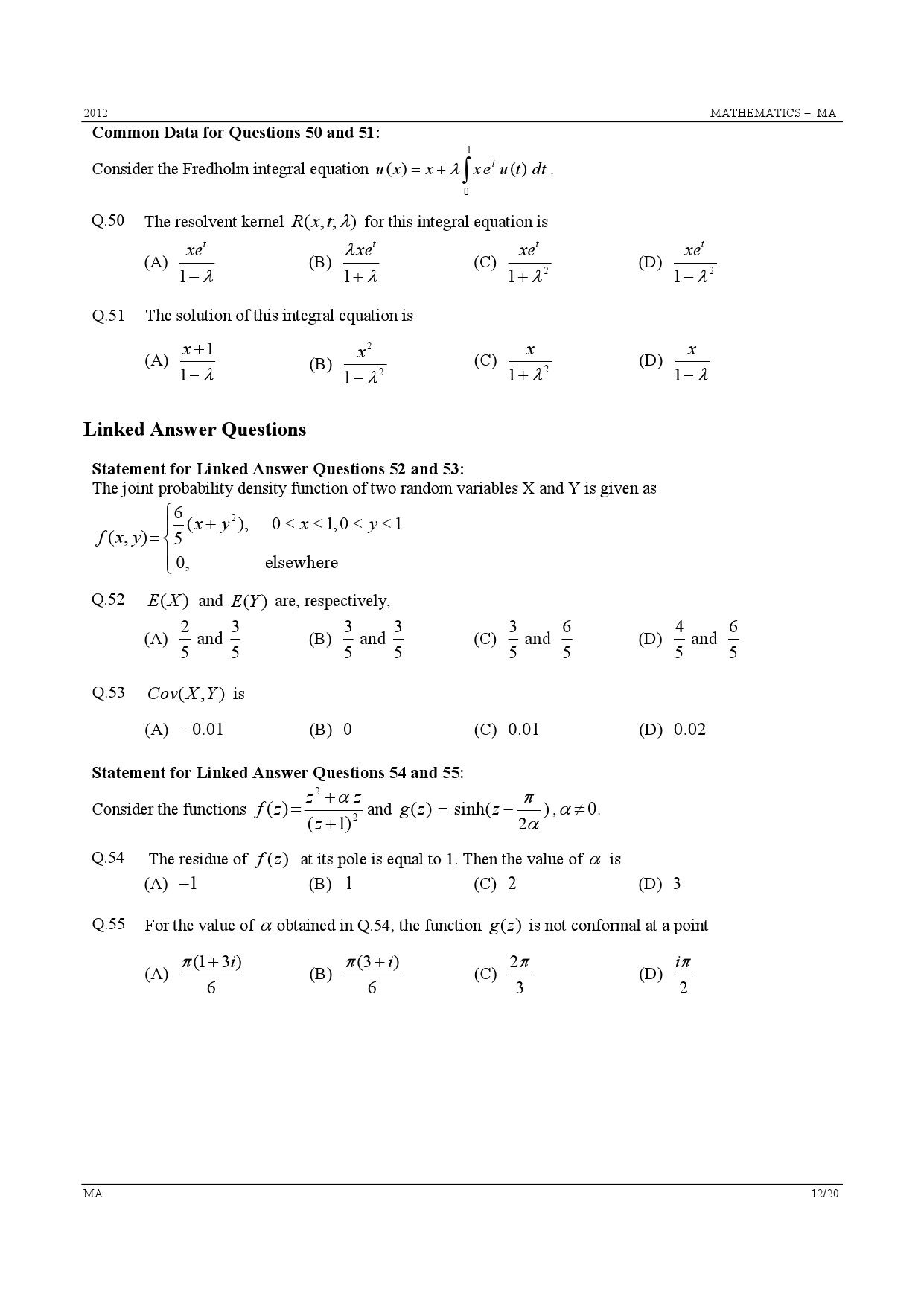 GATE Exam Question Paper 2012 Mathematics 12
