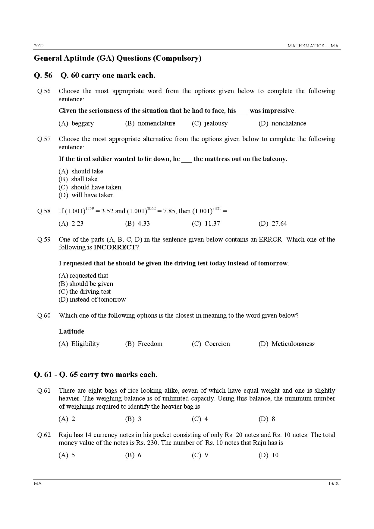 GATE Exam Question Paper 2012 Mathematics 13