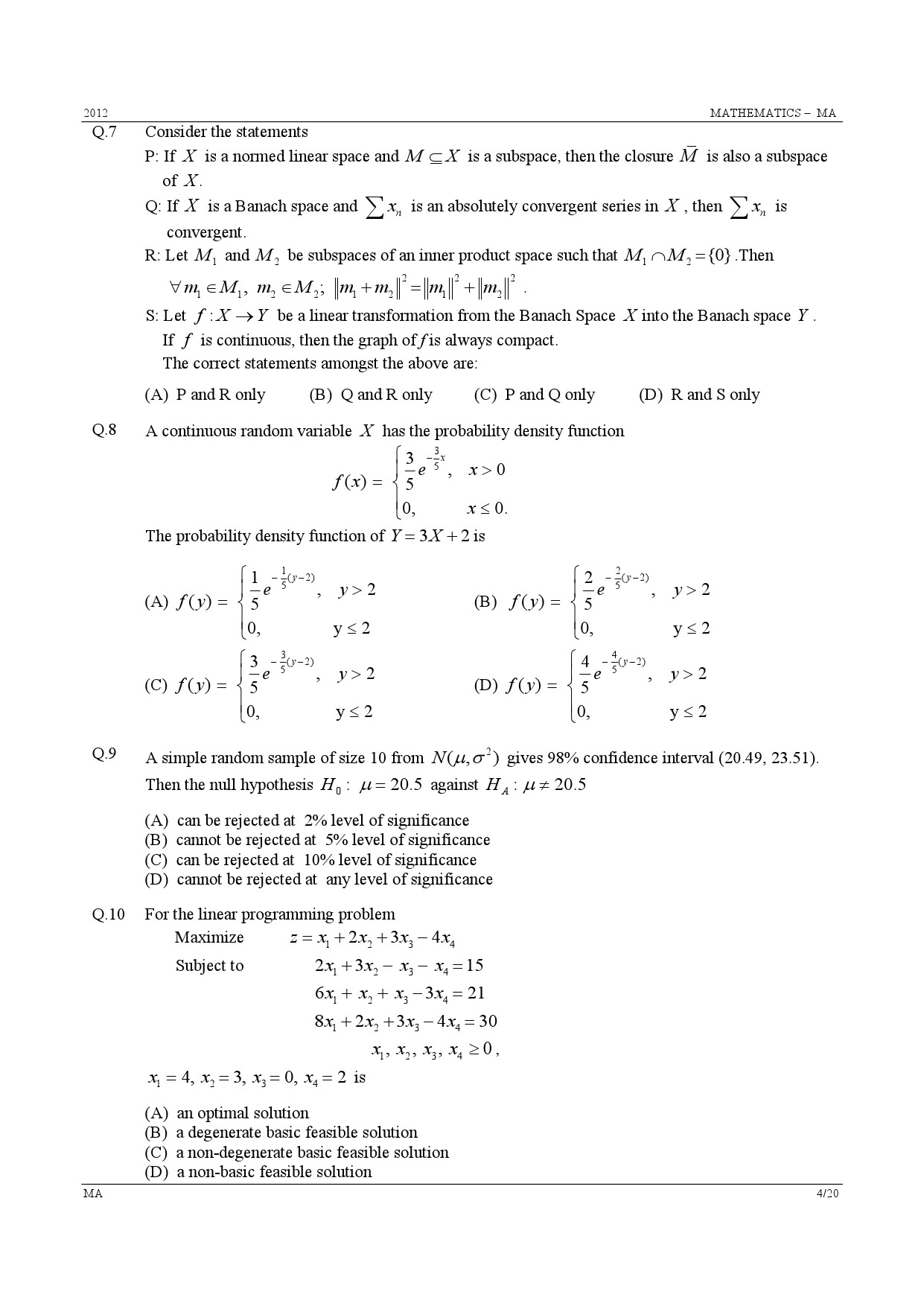 GATE Exam Question Paper 2012 Mathematics 4