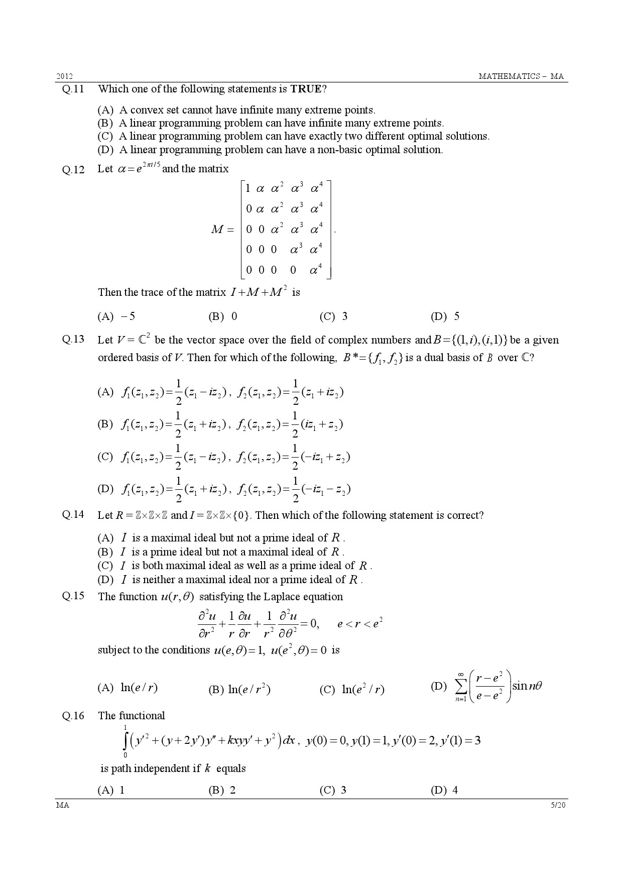 GATE Exam Question Paper 2012 Mathematics 5