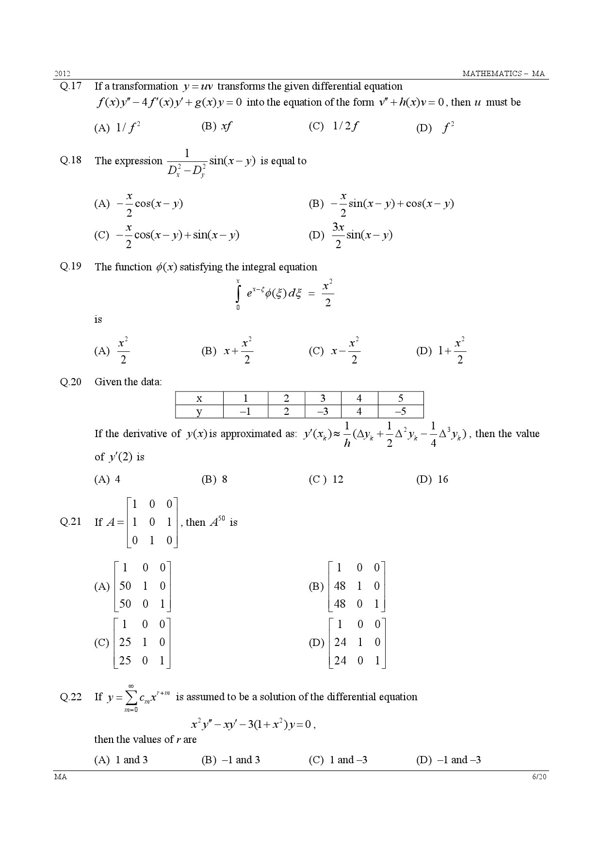 GATE Exam Question Paper 2012 Mathematics 6